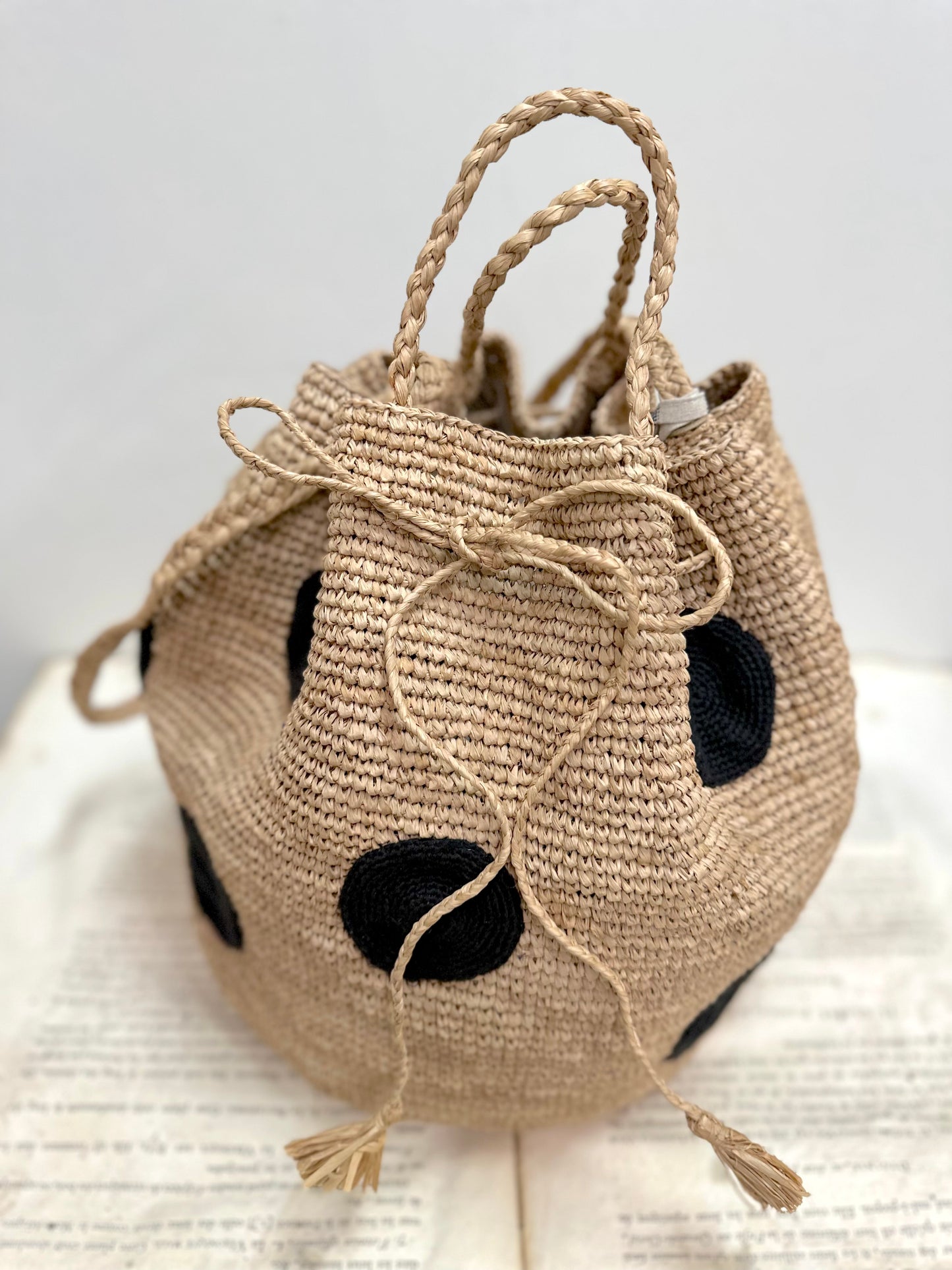 Large Raffia Bag With Large Black Spots And Shoulder Strap