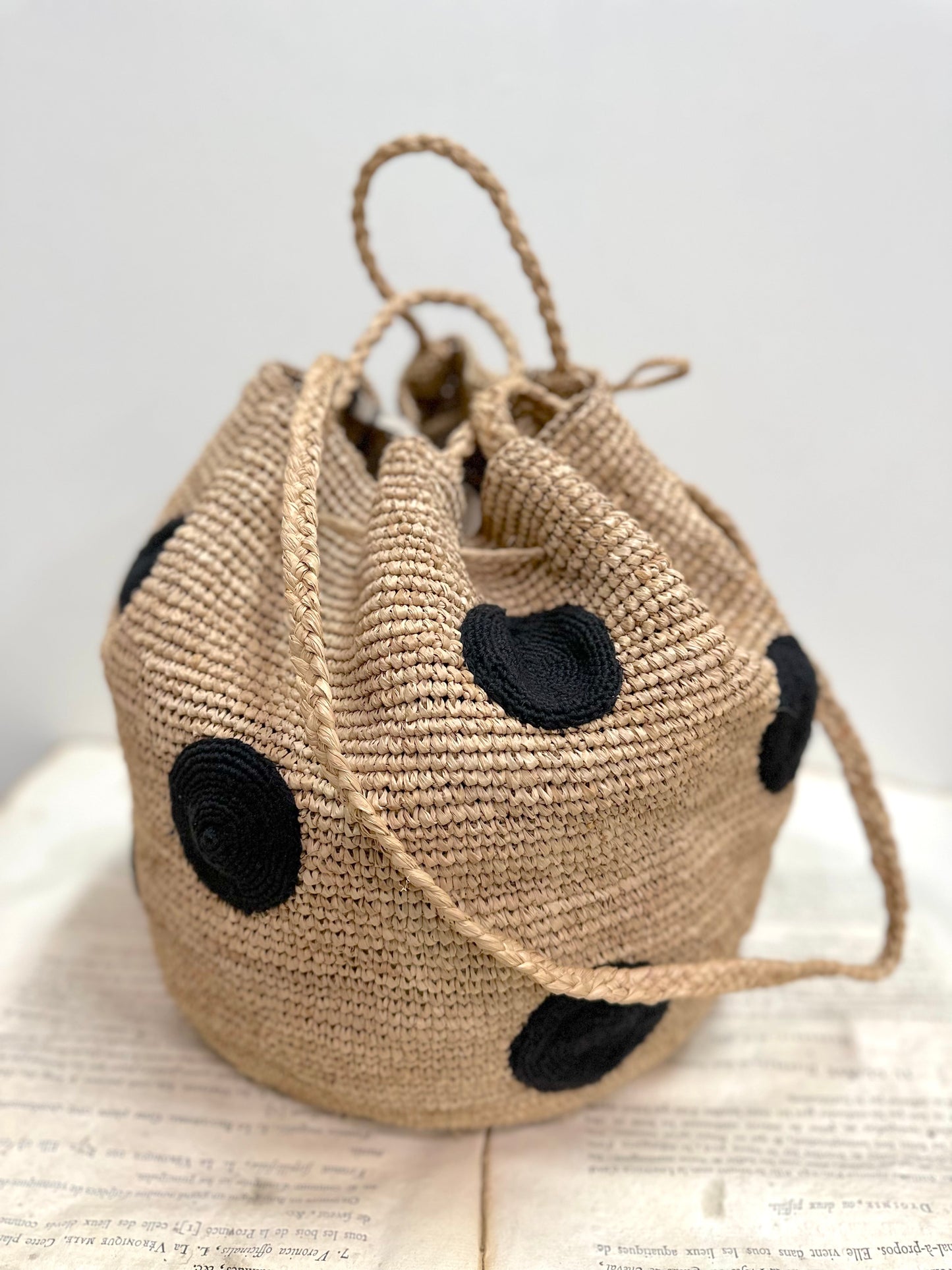 Large Raffia Bag With Large Black Spots And Shoulder Strap