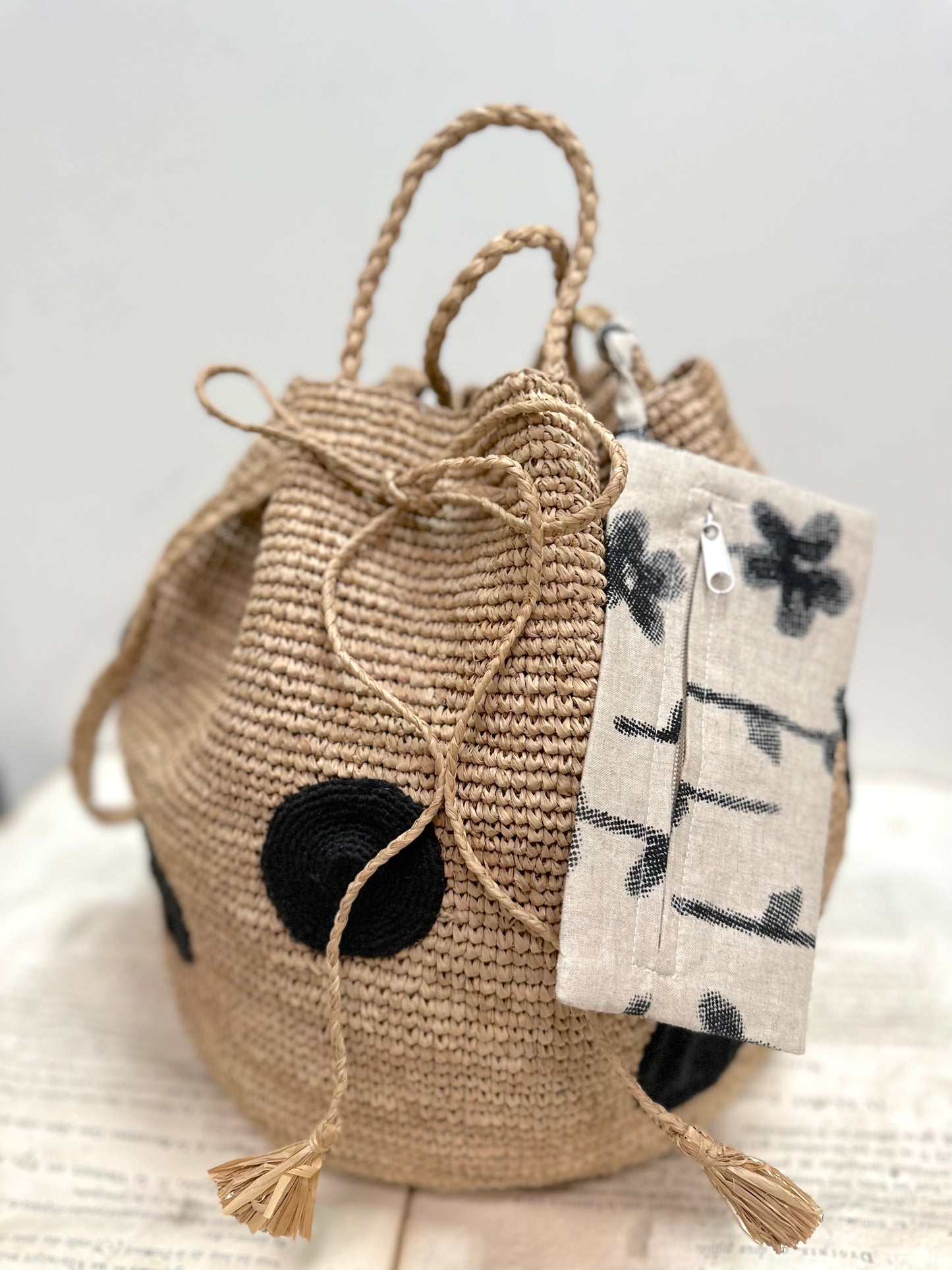 Large Raffia Bag With Large Black Spots And Shoulder Strap