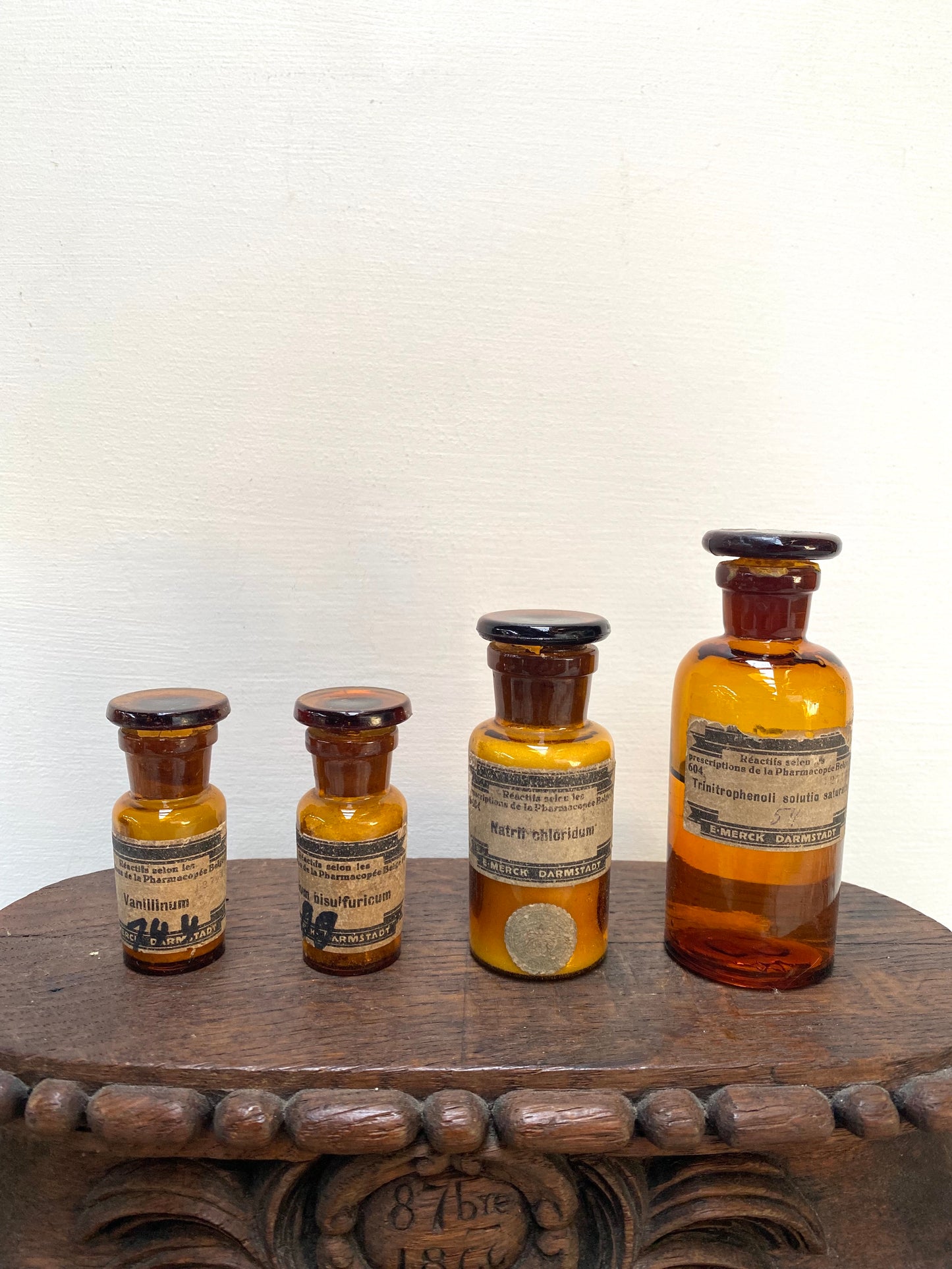 Antique Set of 4 Amber Apothocary Bottles