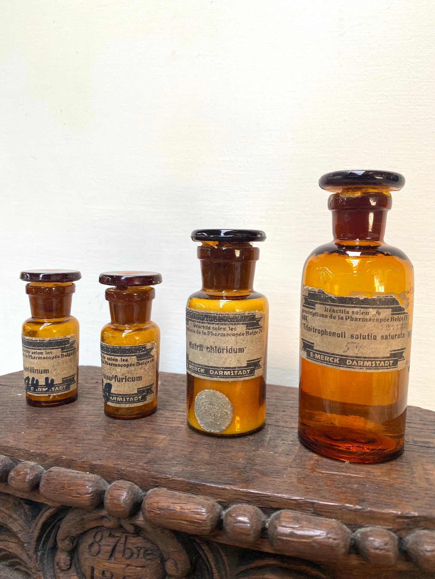 Antique Set of 4 Amber Apothocary Bottles