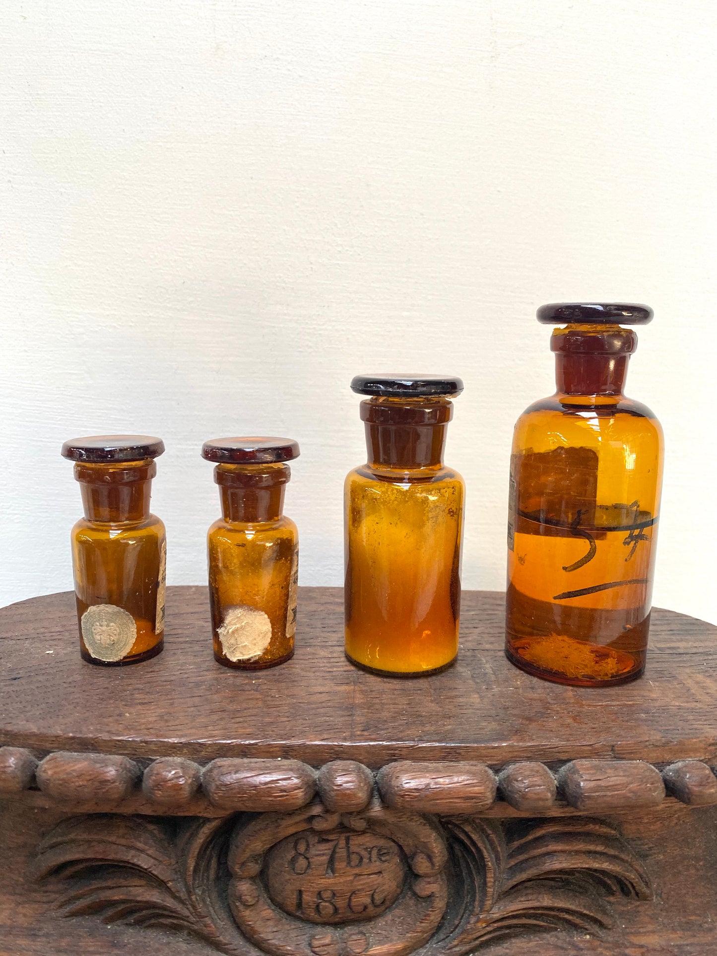 Antique Set of 4 Amber Apothocary Bottles