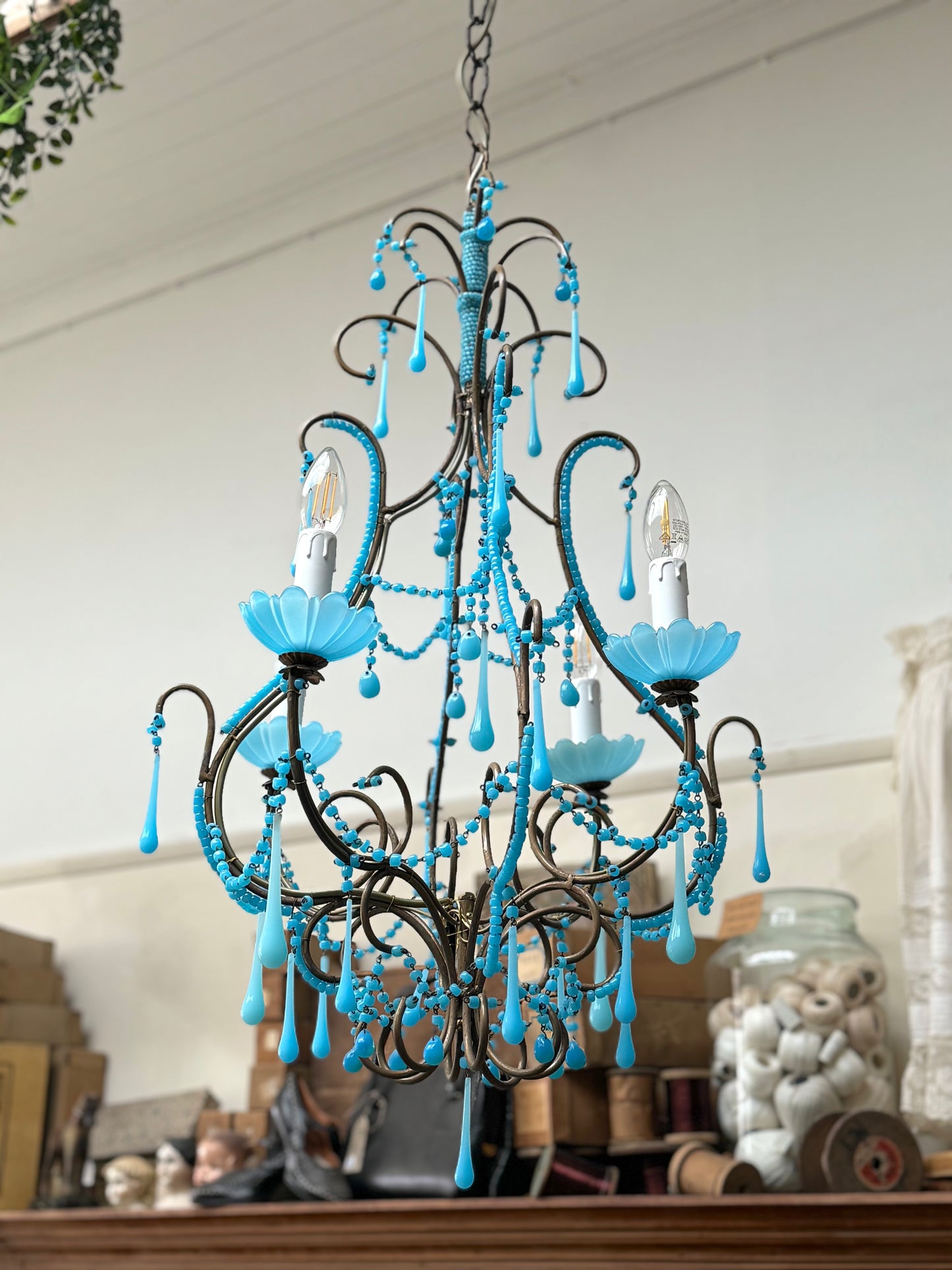 Vintage Italian Large Blue Opaline Glass Chandelier