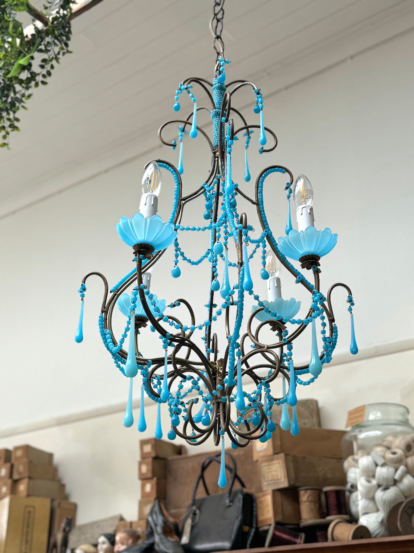 Vintage Italian Large Blue Opaline Glass Chandelier