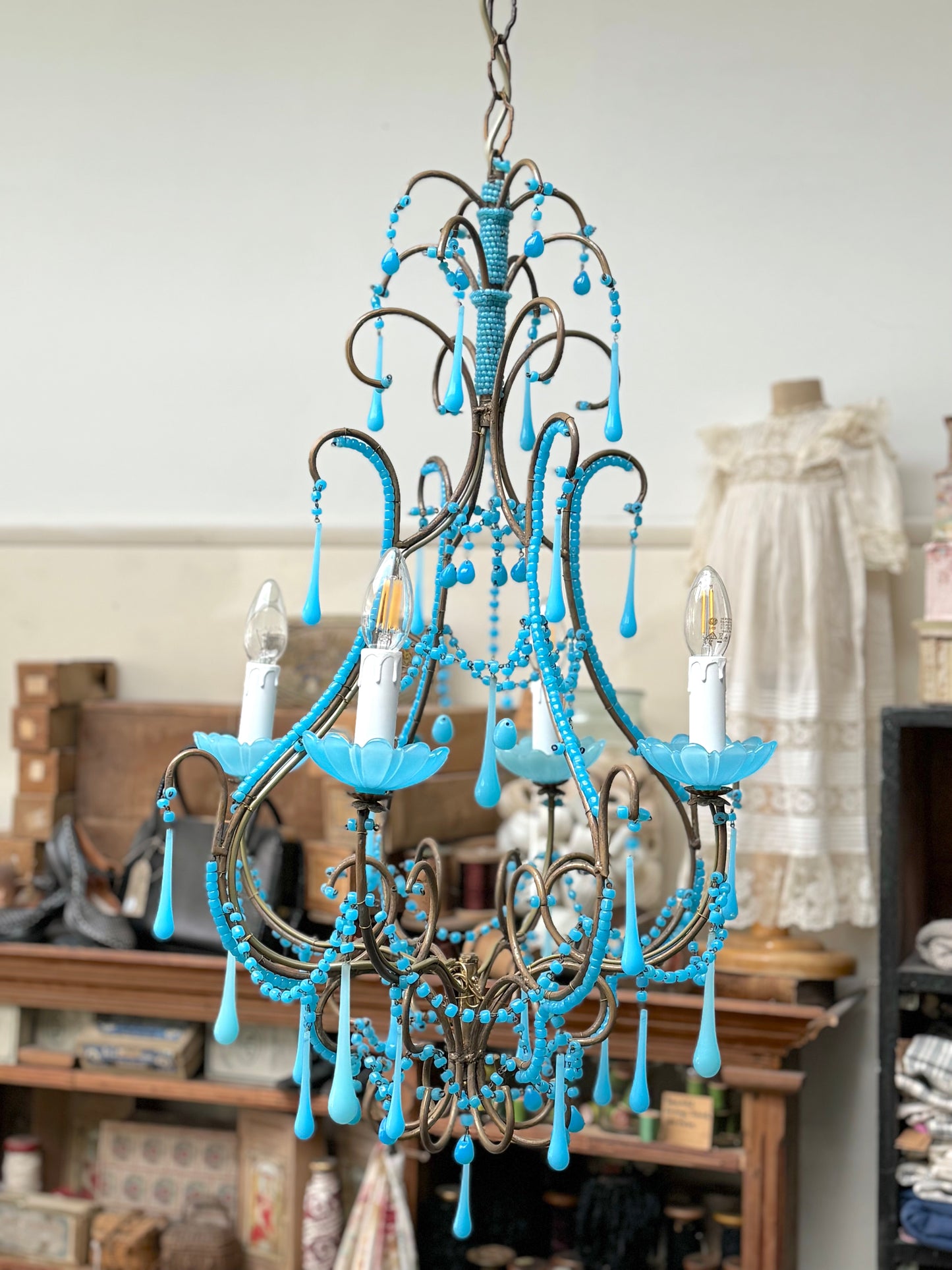 Vintage Italian Large Blue Opaline Glass Chandelier