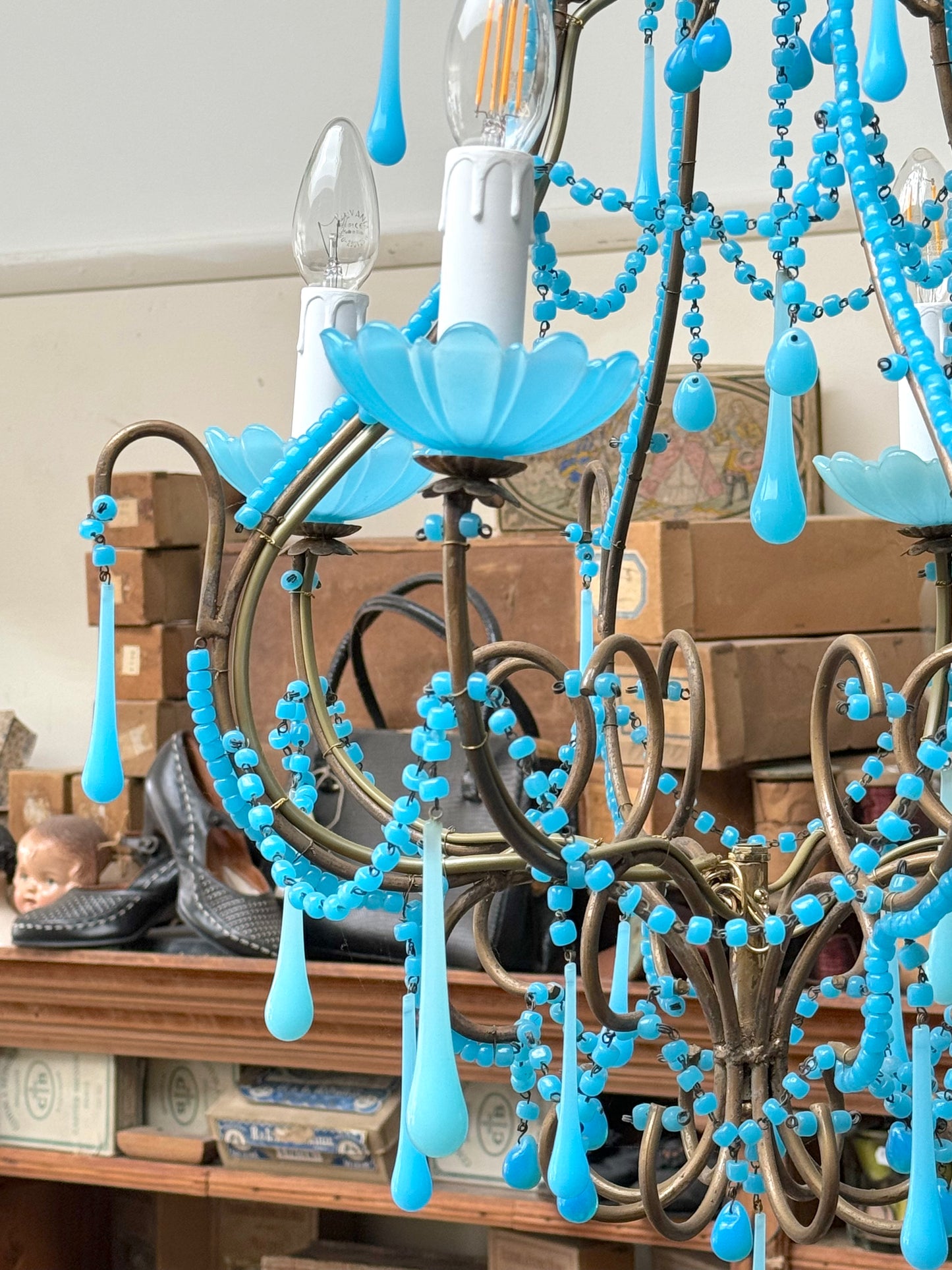 Vintage Italian Large Blue Opaline Glass Chandelier