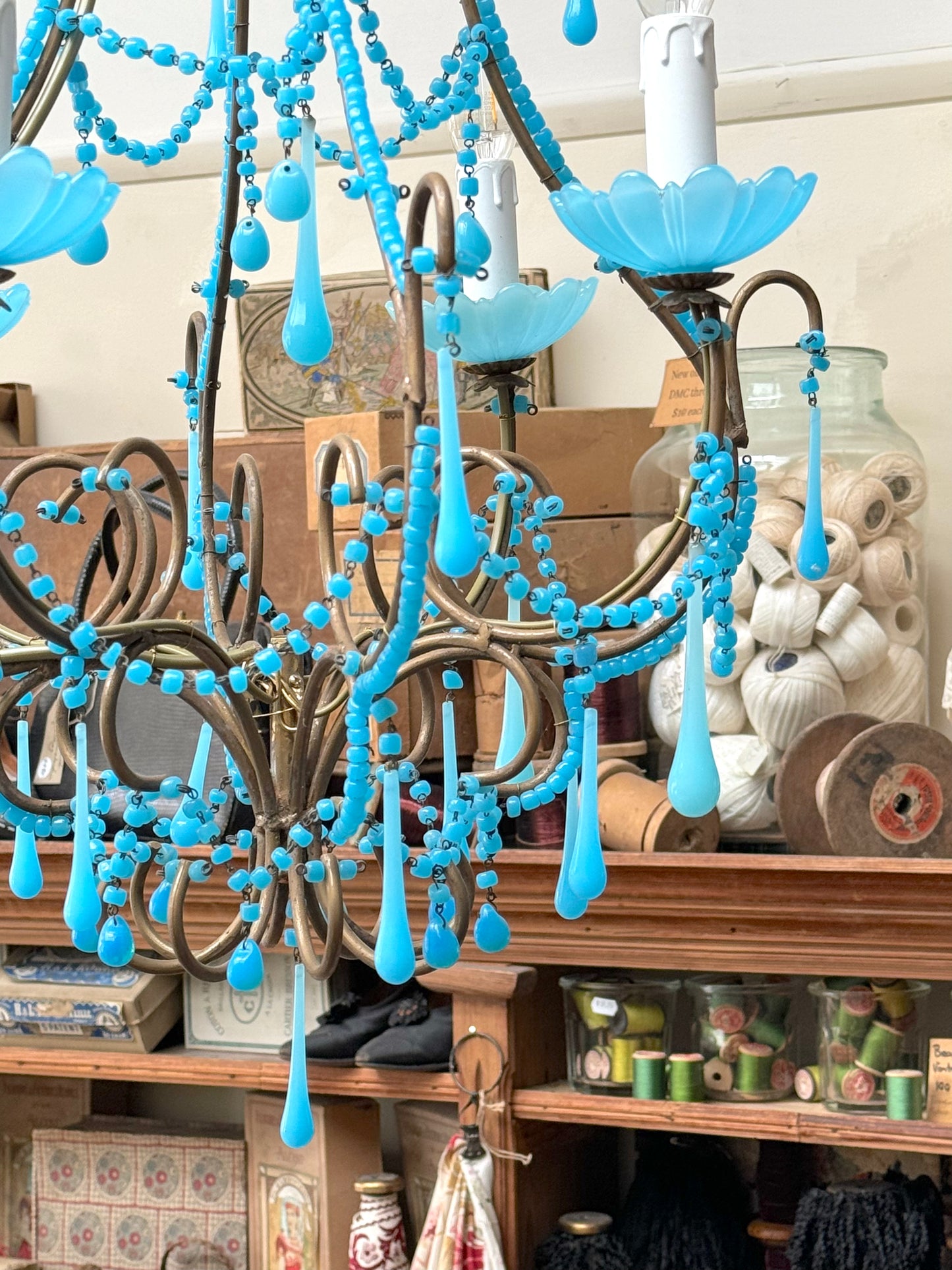 Vintage Italian Large Blue Opaline Glass Chandelier