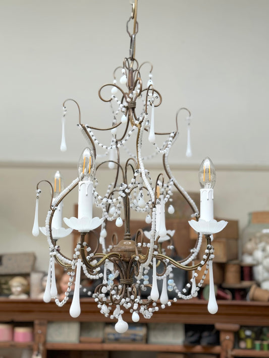 Vintage Italian Small White Opaline Glass Chandelier