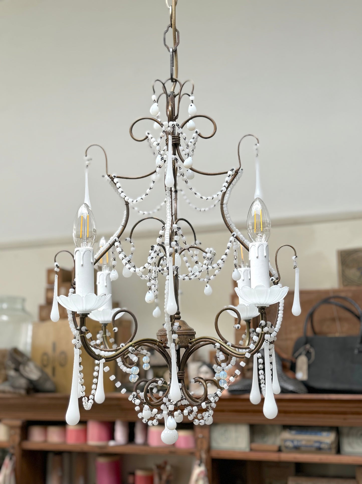 Vintage Italian Small White Opaline Glass Chandelier