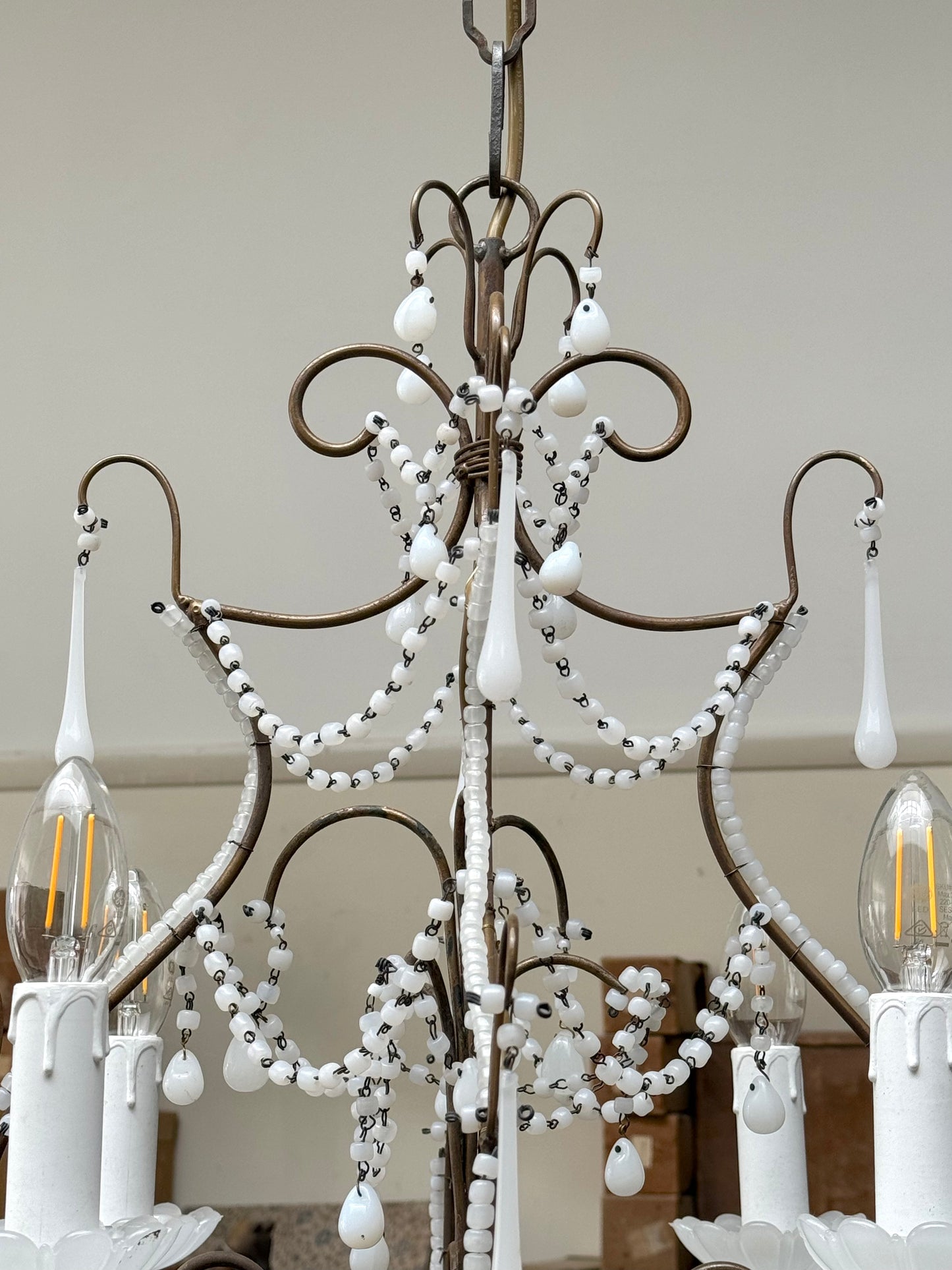 Vintage Italian Small White Opaline Glass Chandelier