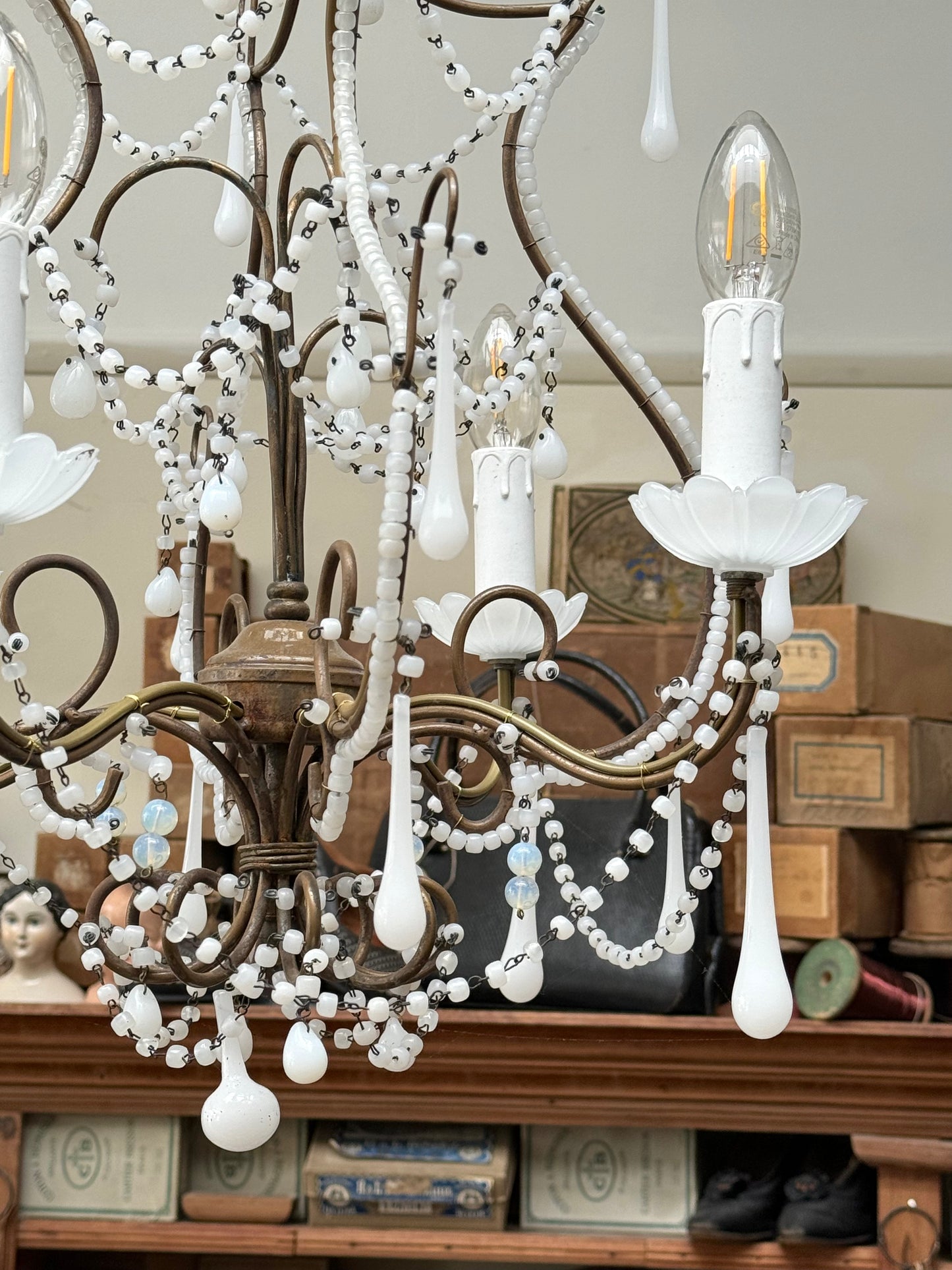 Vintage Italian Small White Opaline Glass Chandelier