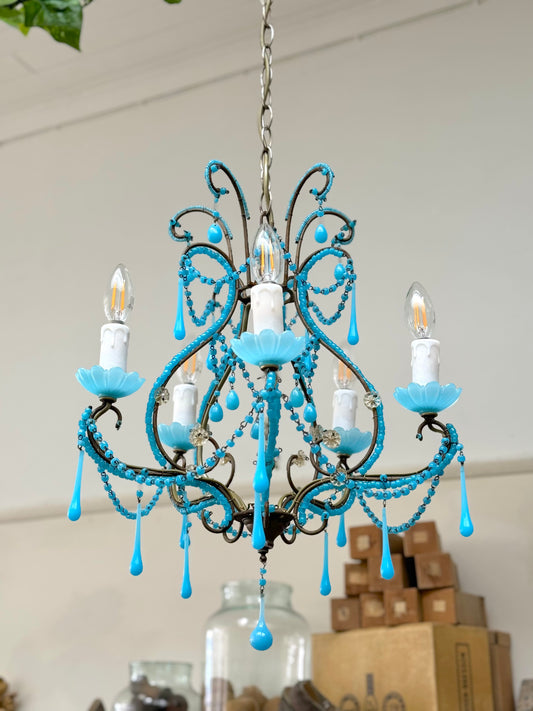 Vintage Italian Small Blue Opaline Glass Chandelier