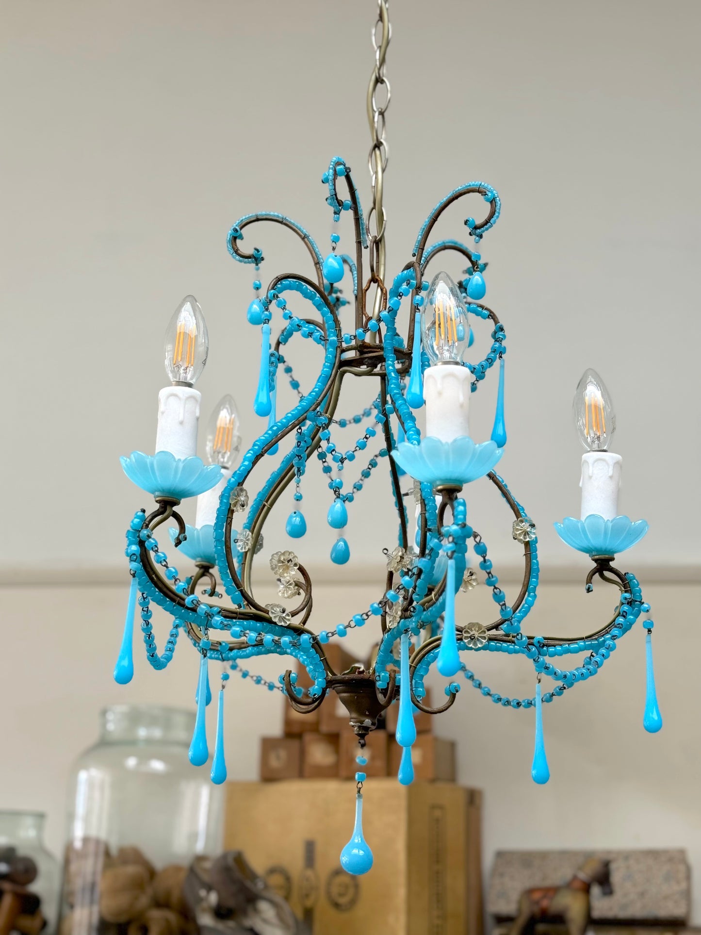 Vintage Italian Small Blue Opaline Glass Chandelier