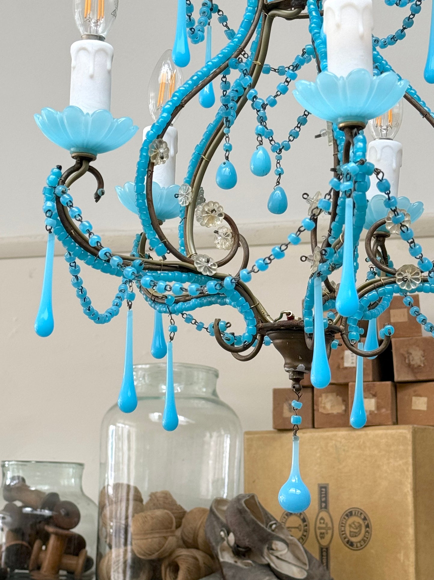 Vintage Italian Small Blue Opaline Glass Chandelier