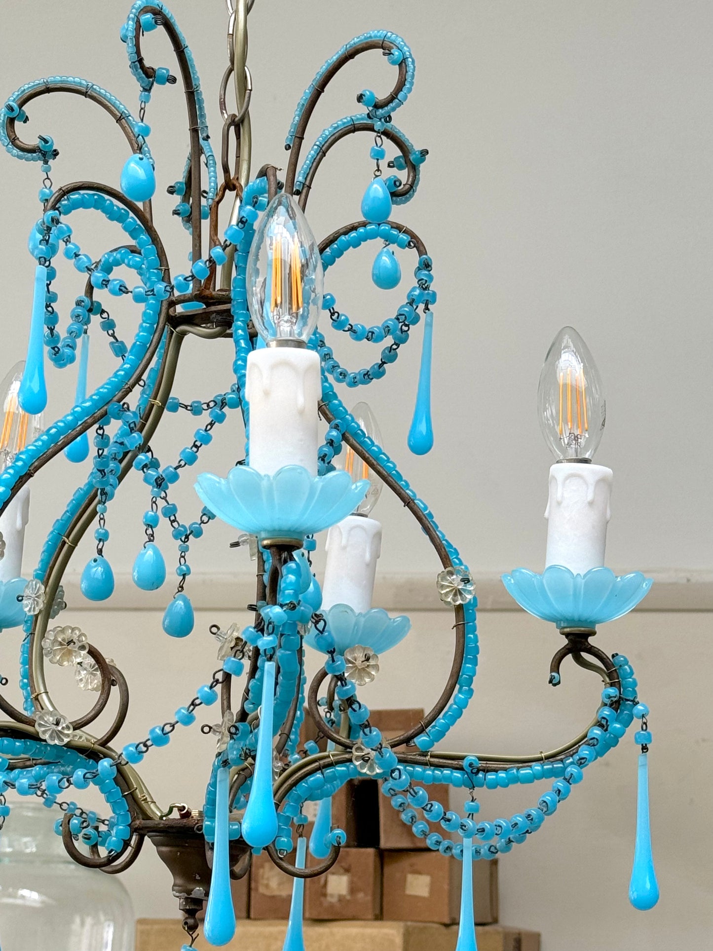 Vintage Italian Small Blue Opaline Glass Chandelier