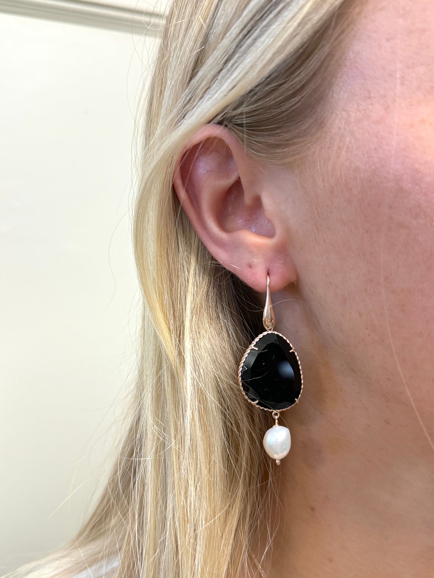 Italian Large Black Agate Teardrop Earrings With Pearl