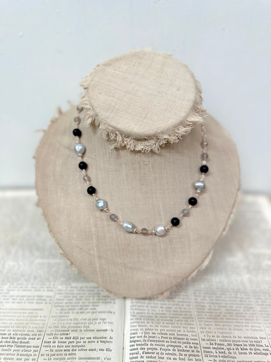 Italian Grey Pearl And Black Agate Necklace