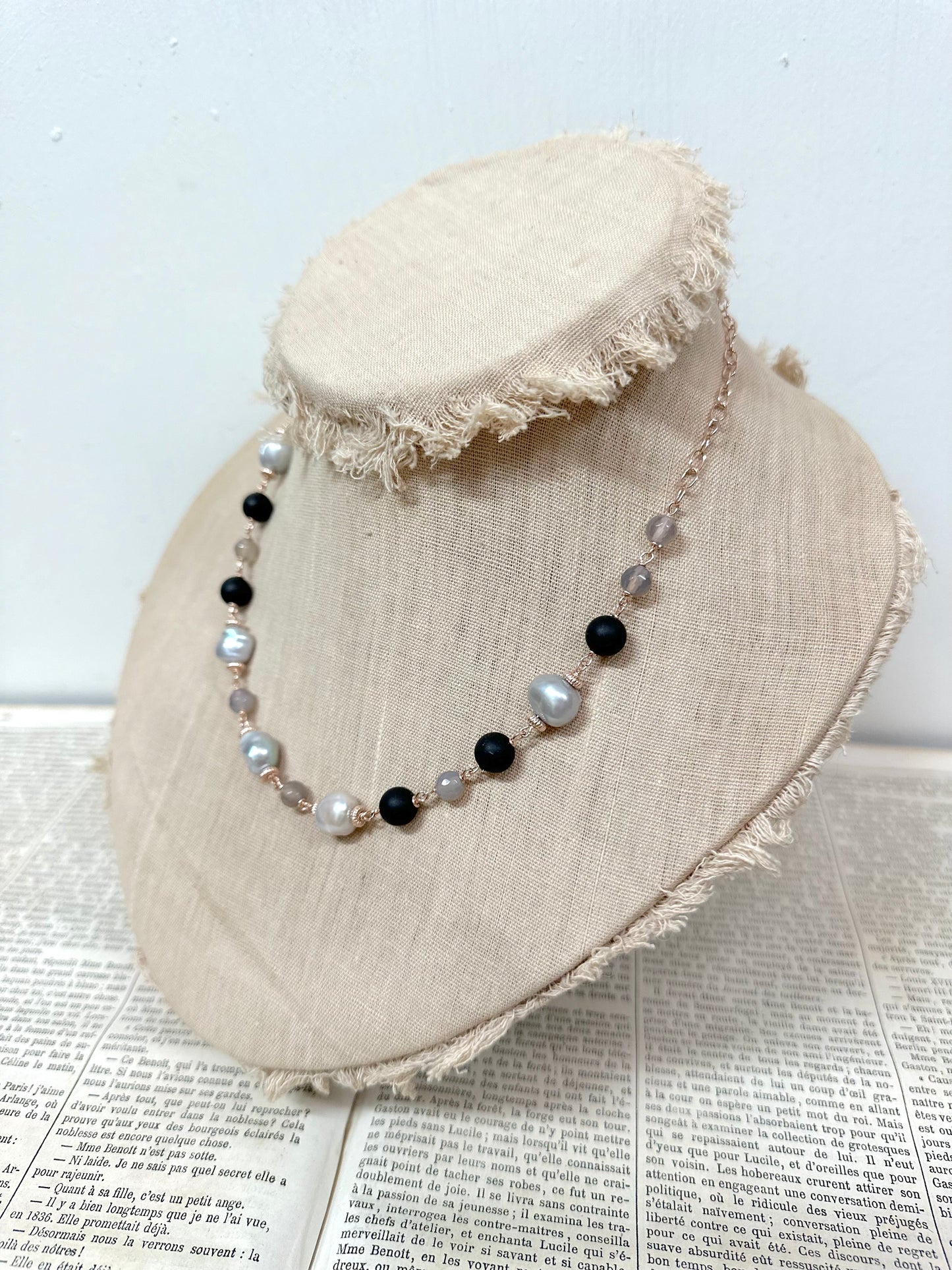 Italian Grey Pearl And Black Agate Necklace