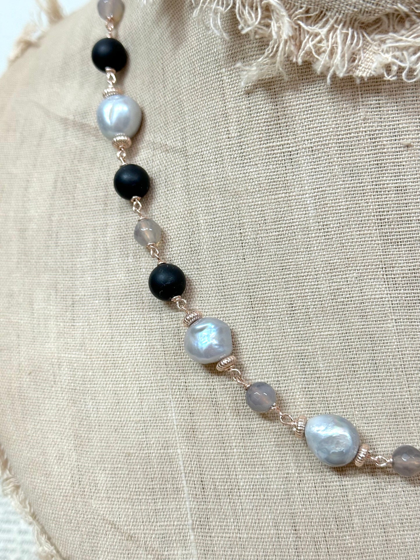 Italian Grey Pearl And Black Agate Necklace