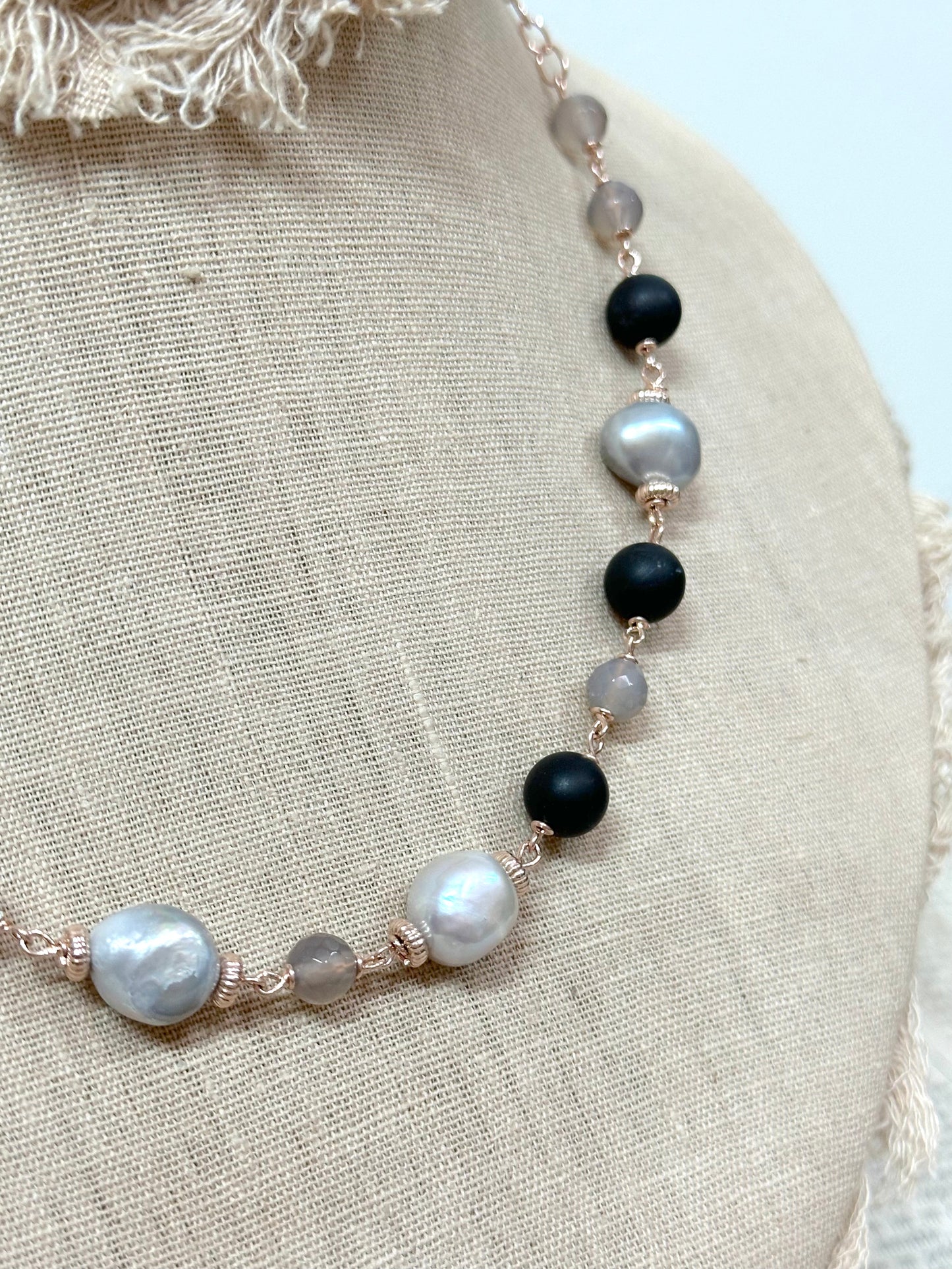 Italian Grey Pearl And Black Agate Necklace