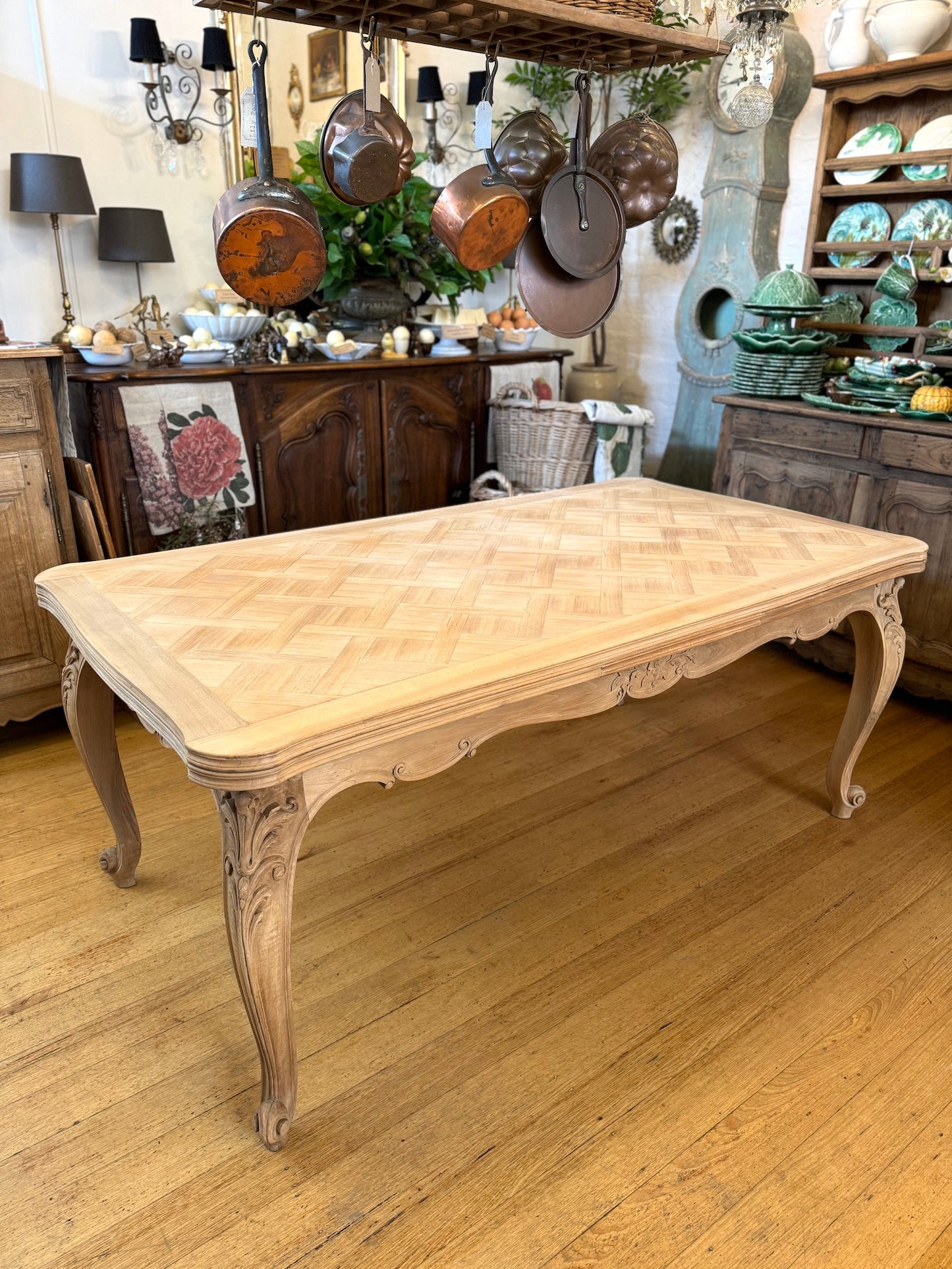 Antique French Louis XV Walnut Marquetry Top Extension Dining Table