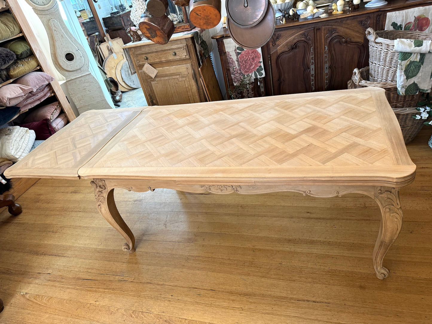 Antique French Louis XV Walnut Marquetry Top Extension Dining Table