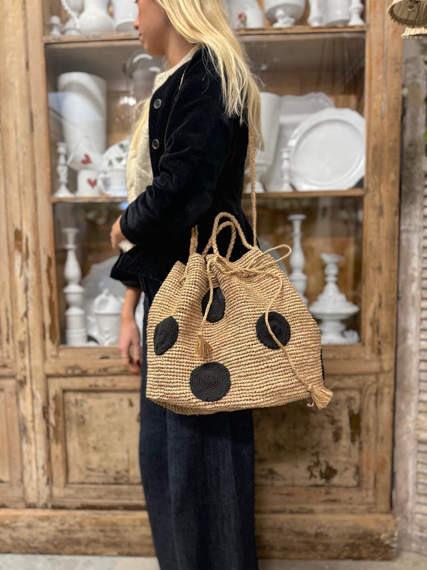 Large Raffia Bag With Large Black Spots And Shoulder Strap