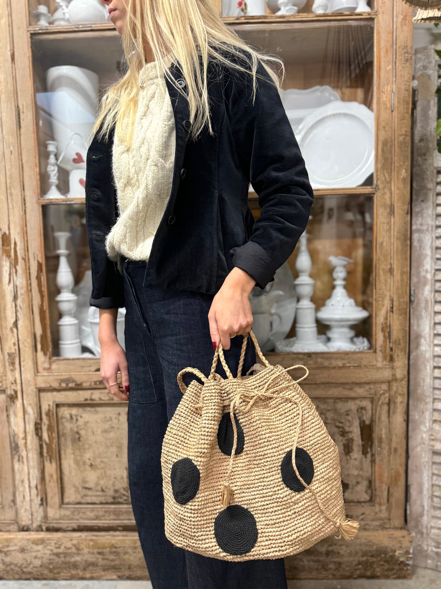 Large Raffia Bag With Large Black Spots And Shoulder Strap