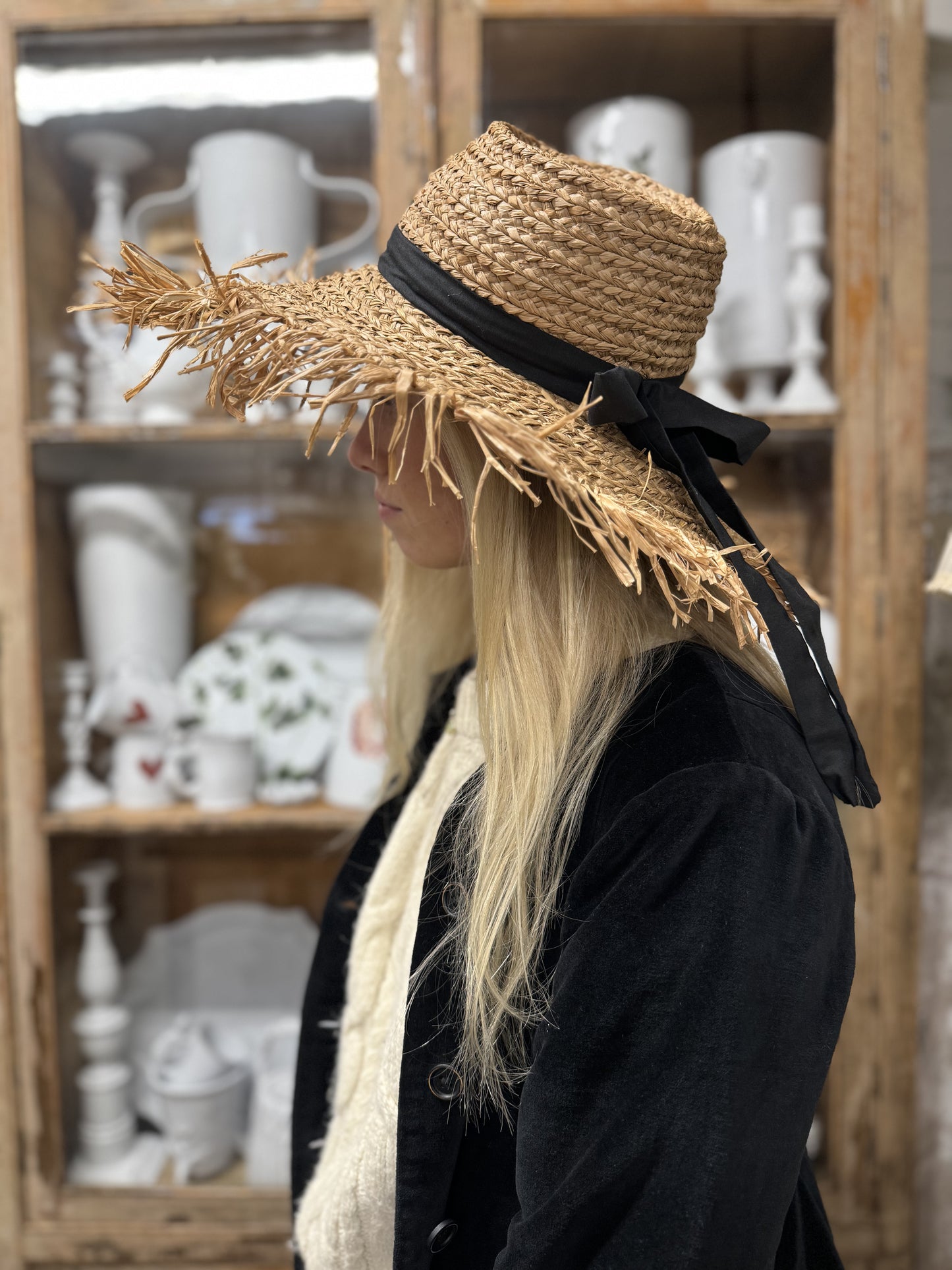 Large Raffia Hat With Black Ribbon And Raffia Edge In Tea