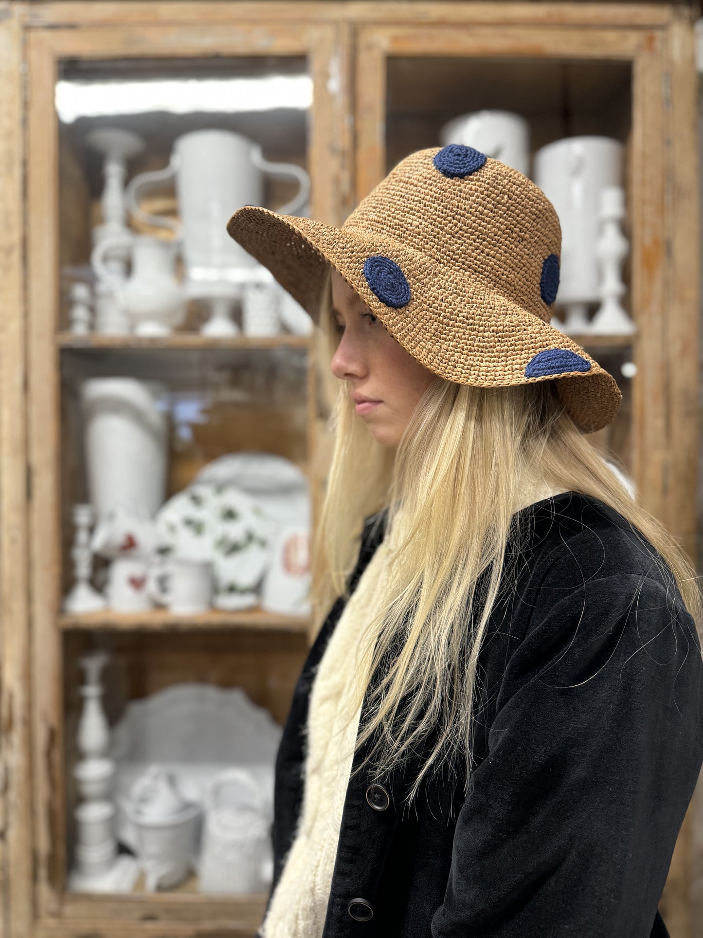 Raffia Hat With Large Crocheted Navy Spots