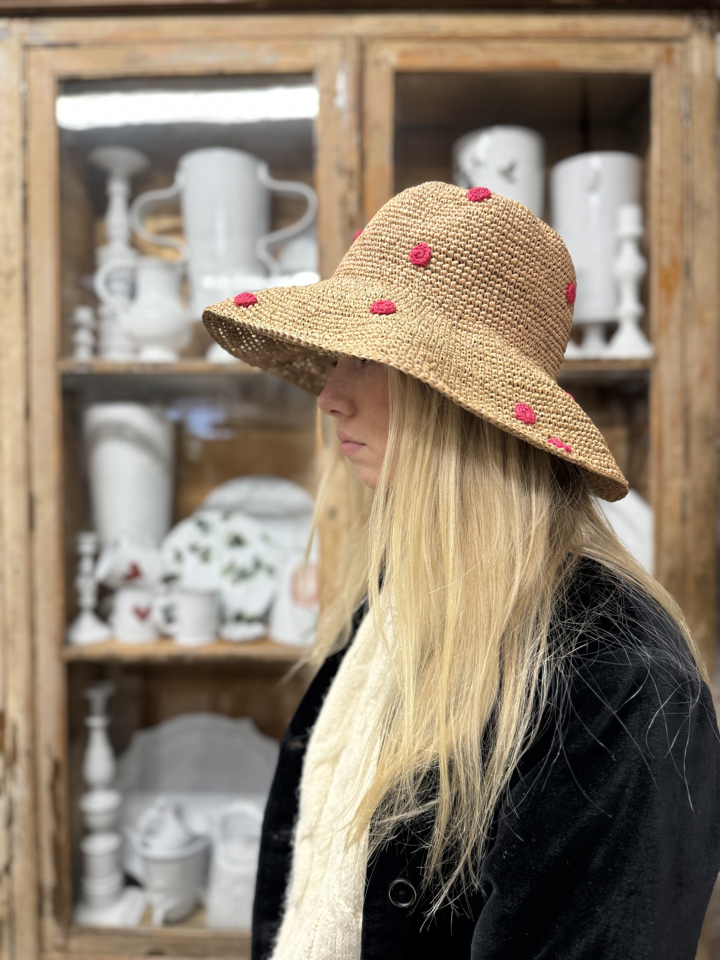 Raffia Hat With Small Pink Crocheted Spots