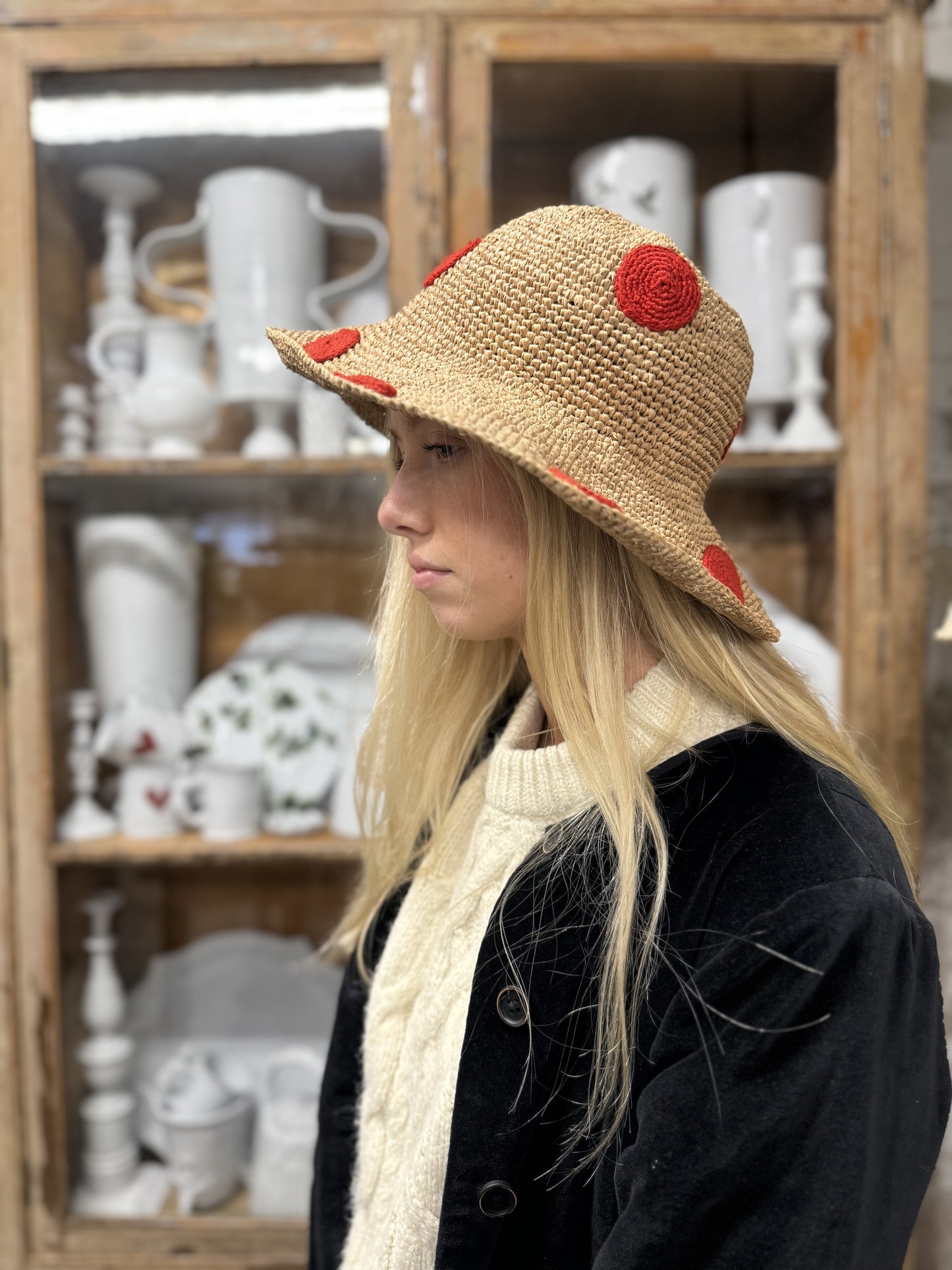 Raffia Hat With Large Crocheted Red Spots