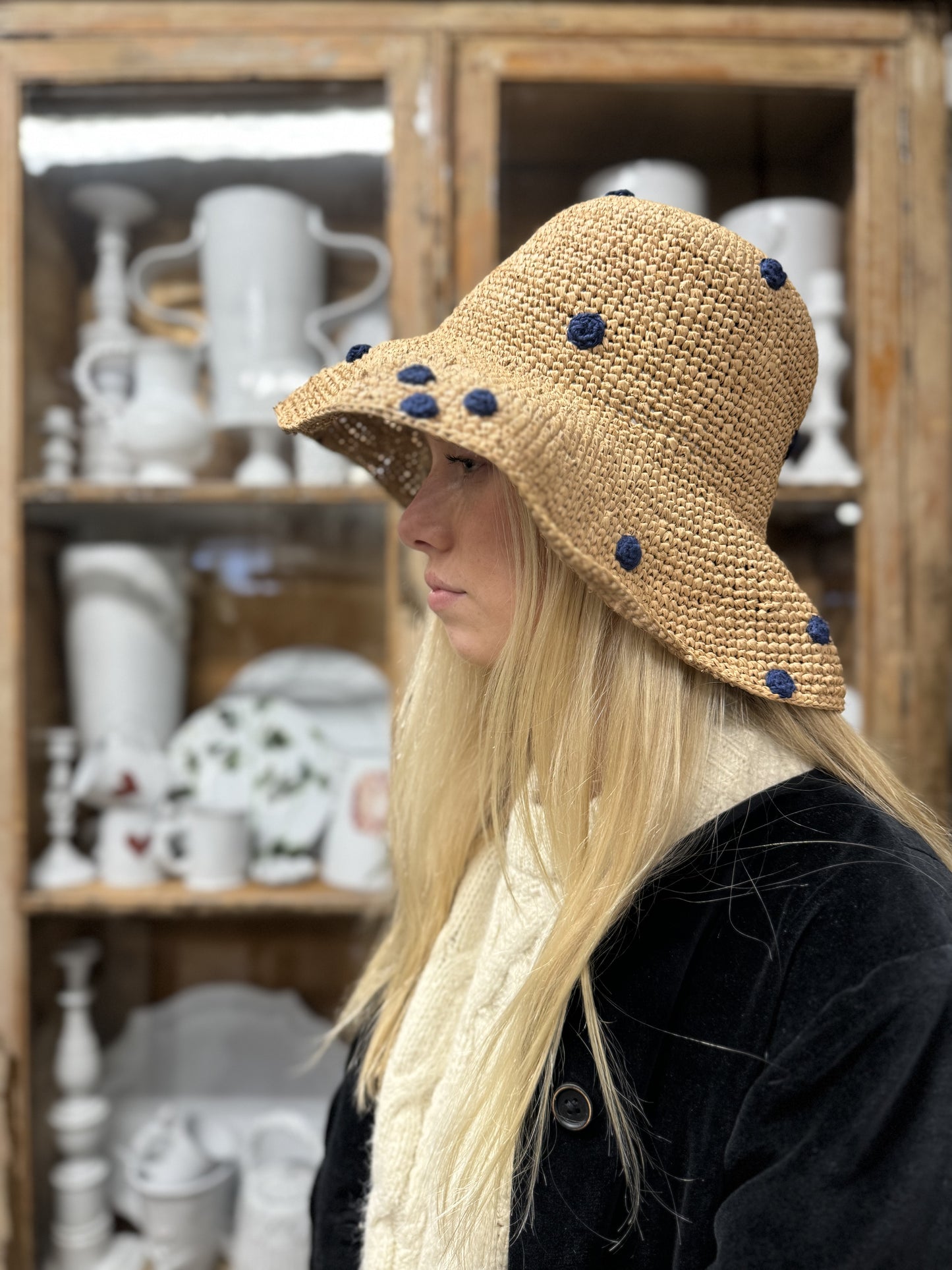 Raffia Hat With Small Navy Crocheted Spots