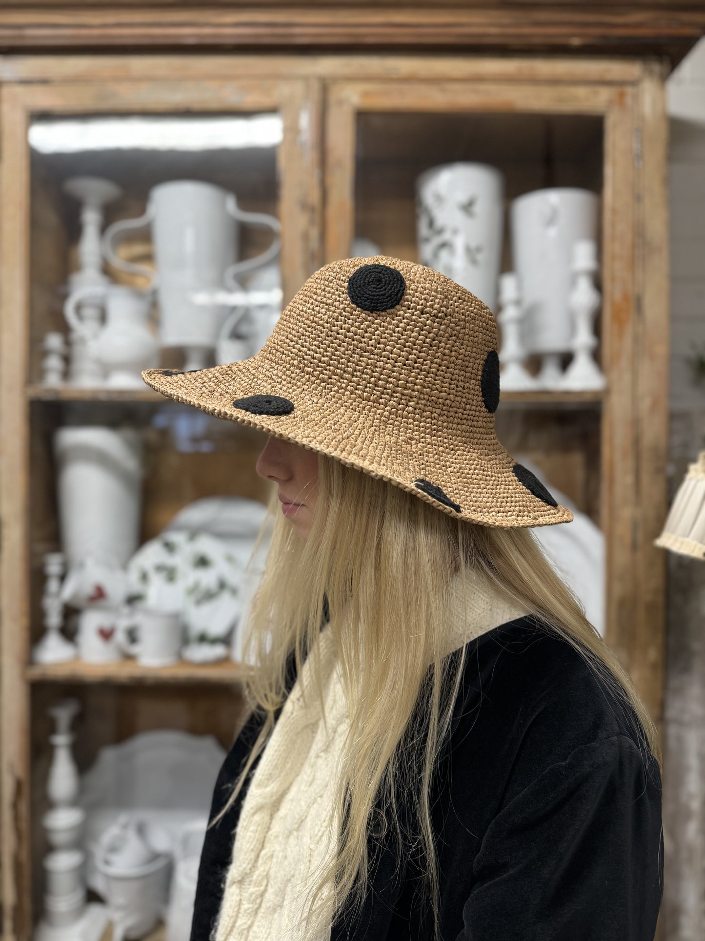 Raffia Hat With Large Black Crocheted Spots