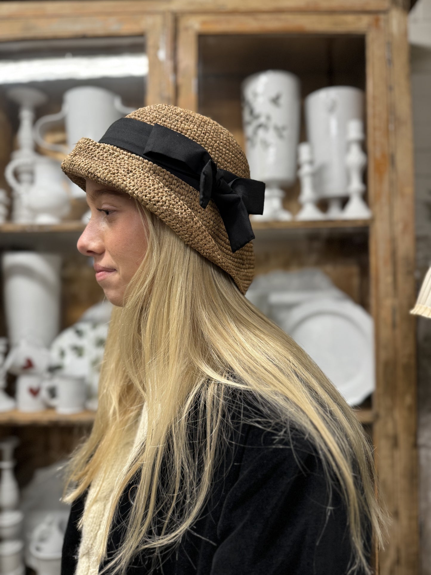 Small Raffia Bucket Hat With Black Ribbon