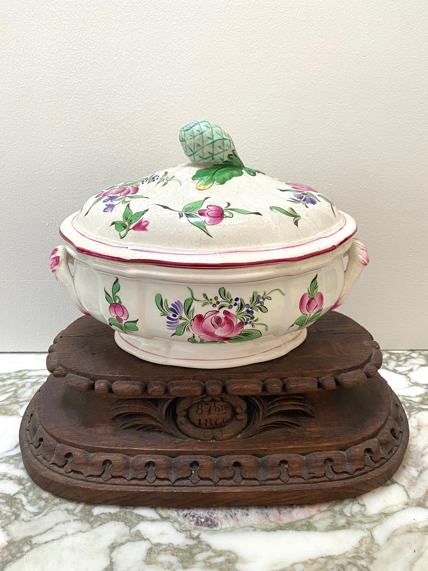 Antique French Majolica Hand Painted Floral Tureen