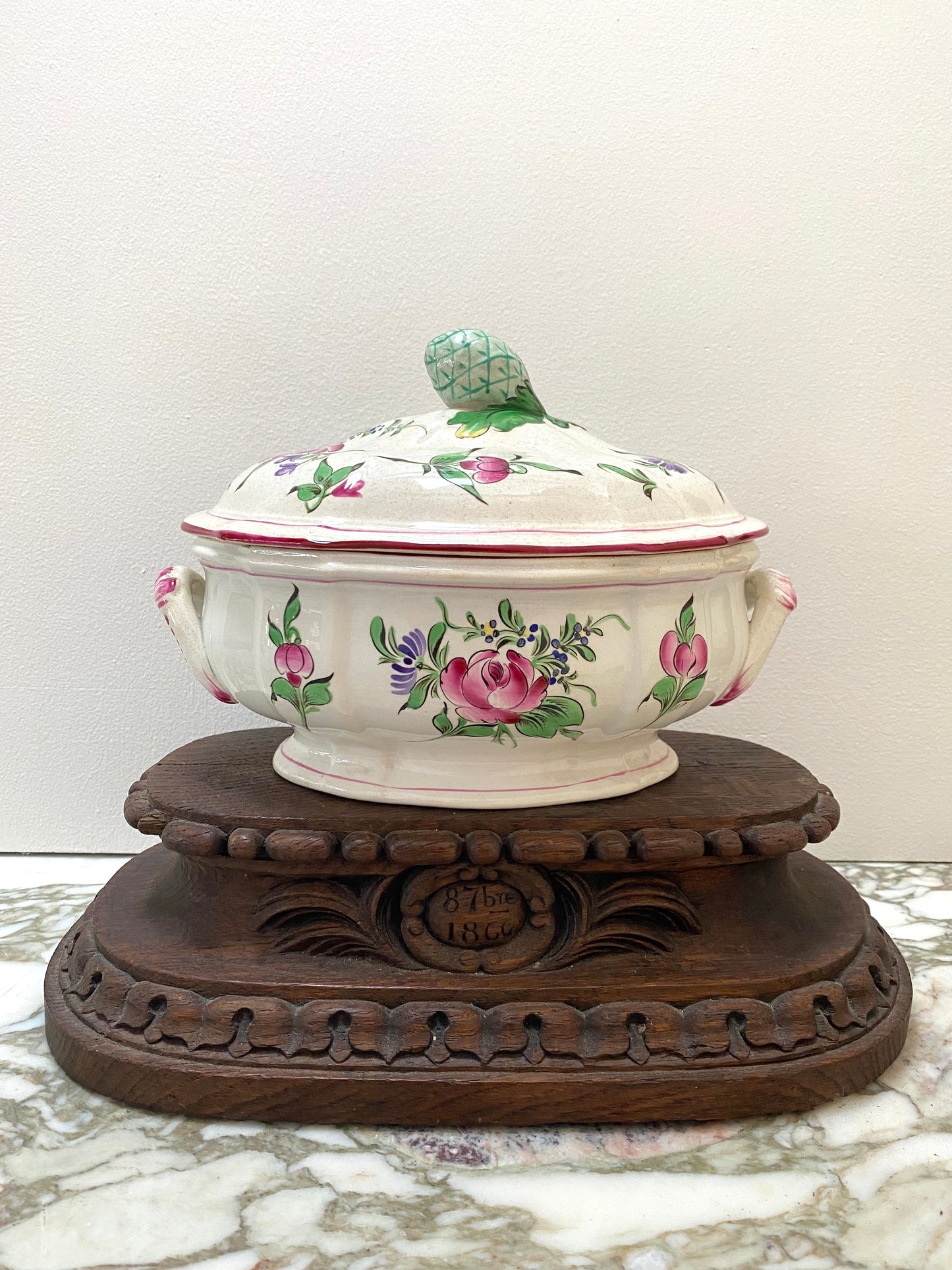 Antique French Majolica Hand Painted Floral Tureen