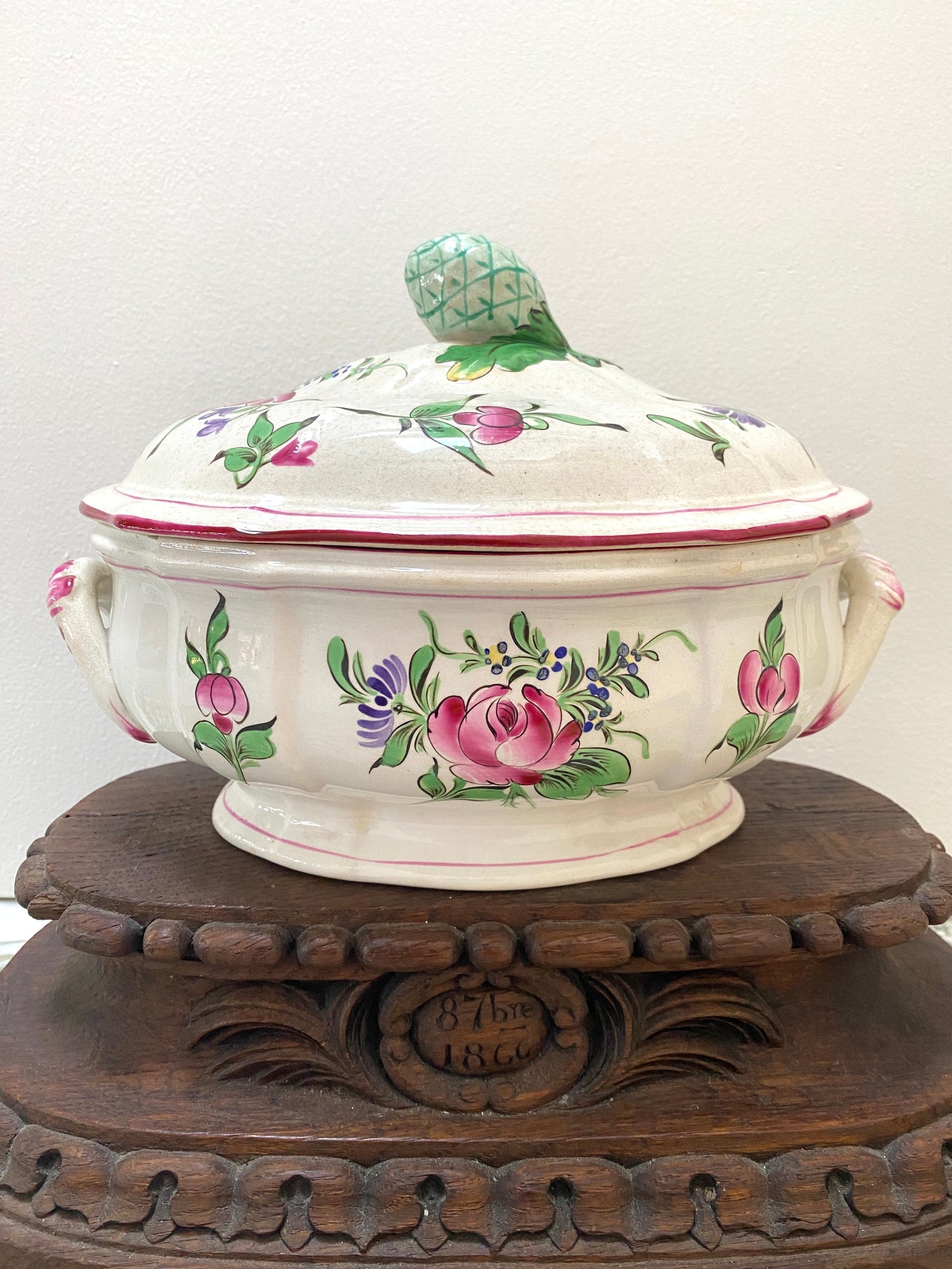 Antique French Majolica Hand Painted Floral Tureen