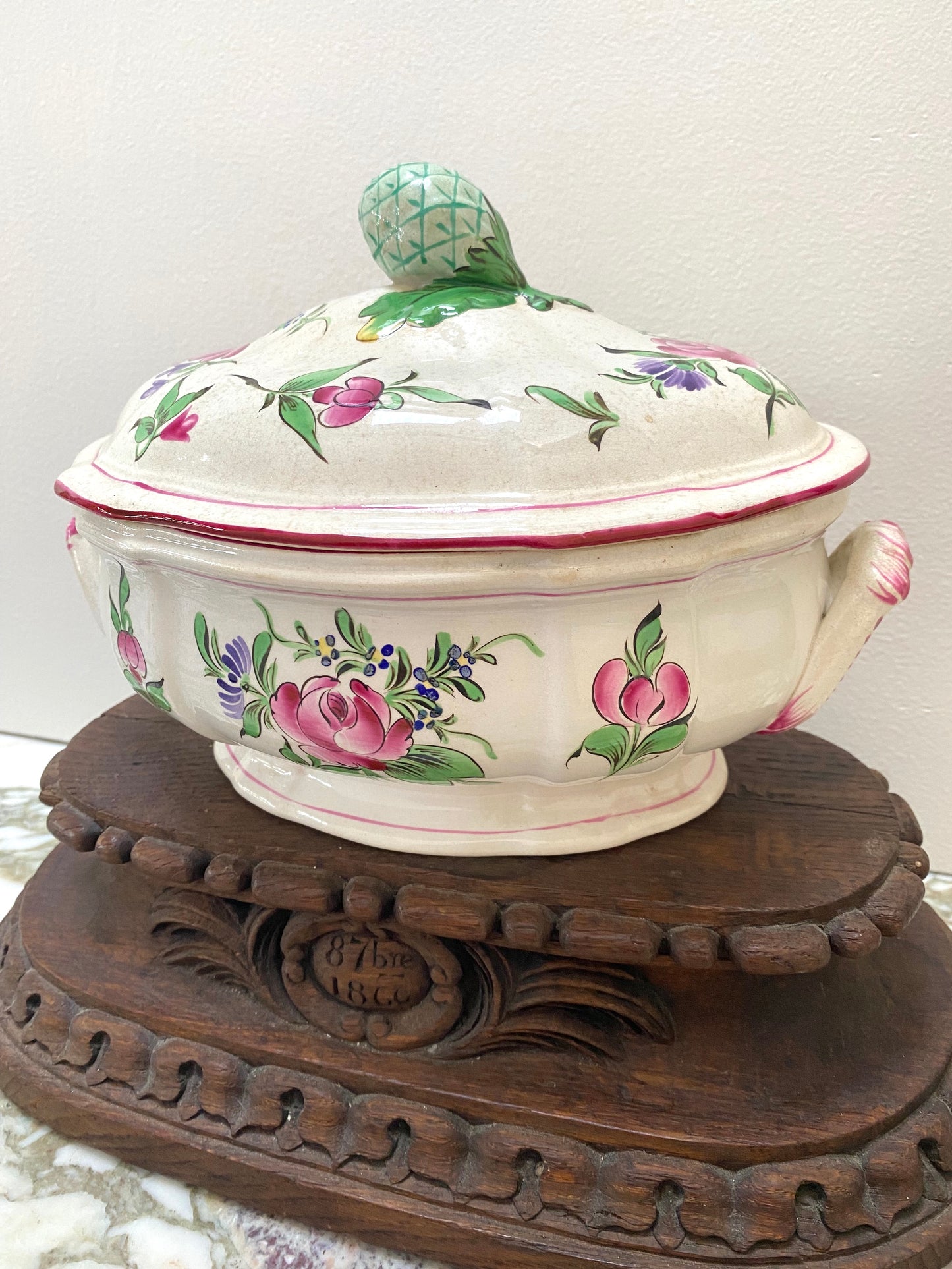 Antique French Majolica Hand Painted Floral Tureen