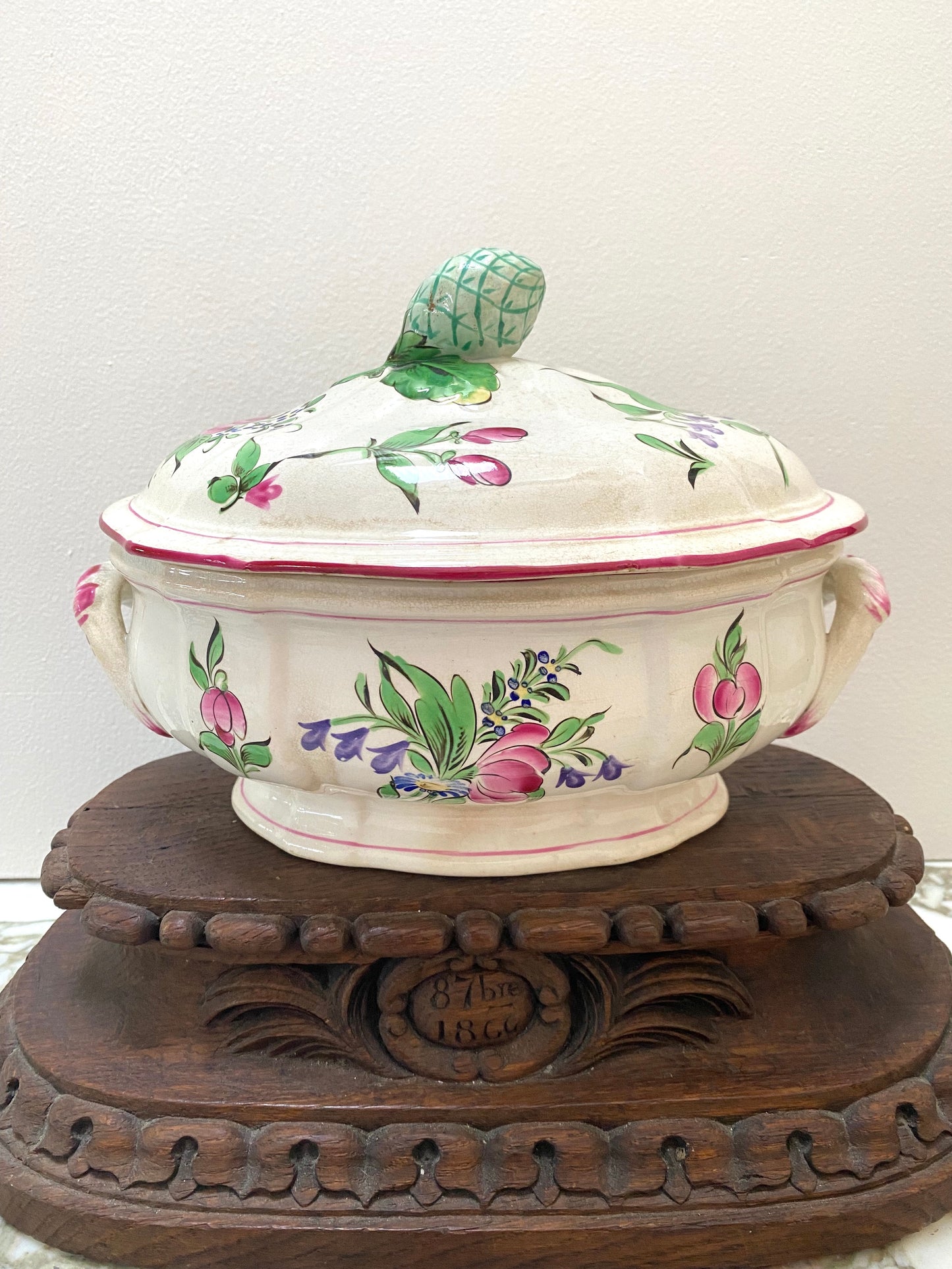 Antique French Majolica Hand Painted Floral Tureen