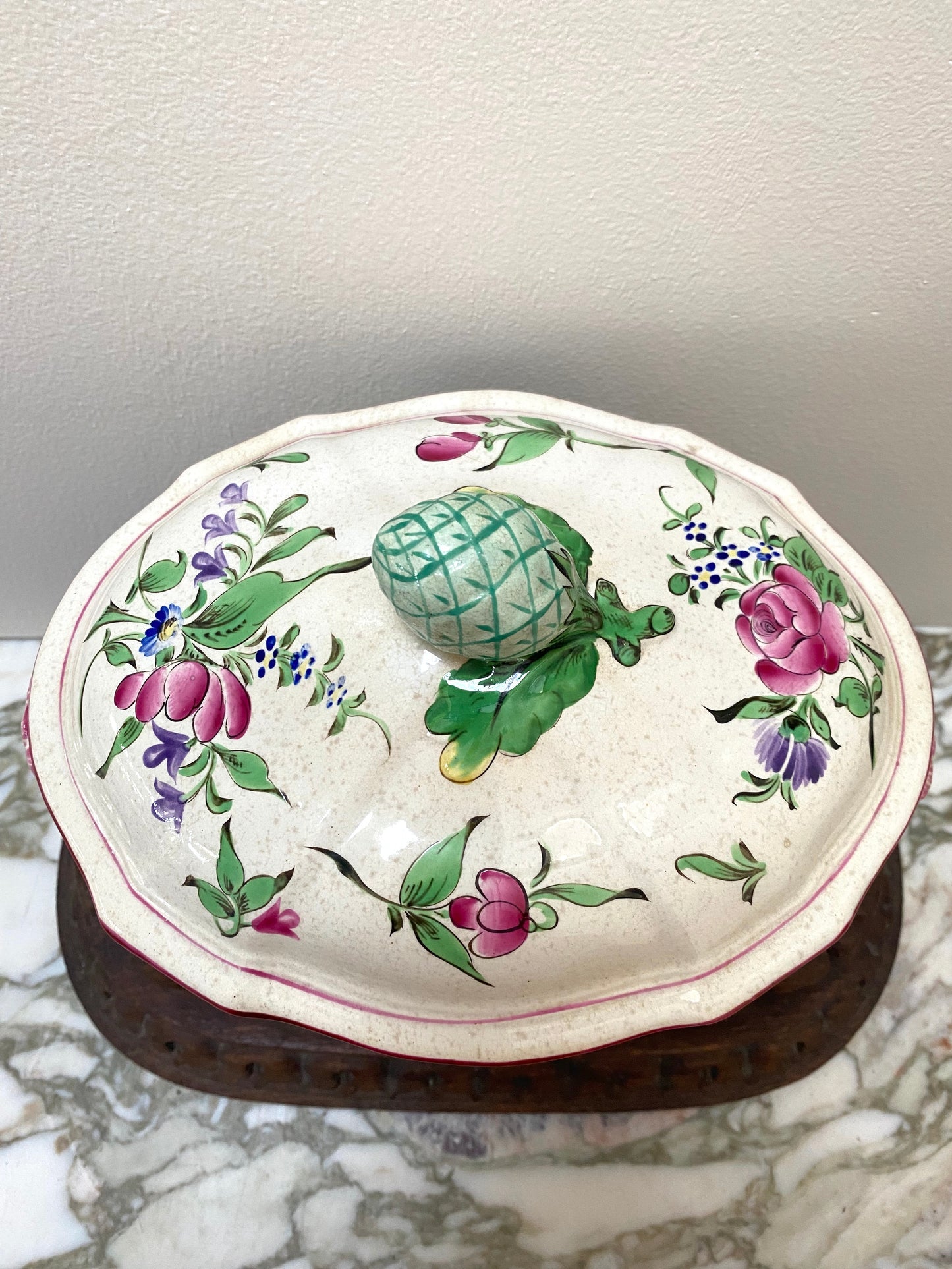 Antique French Majolica Hand Painted Floral Tureen