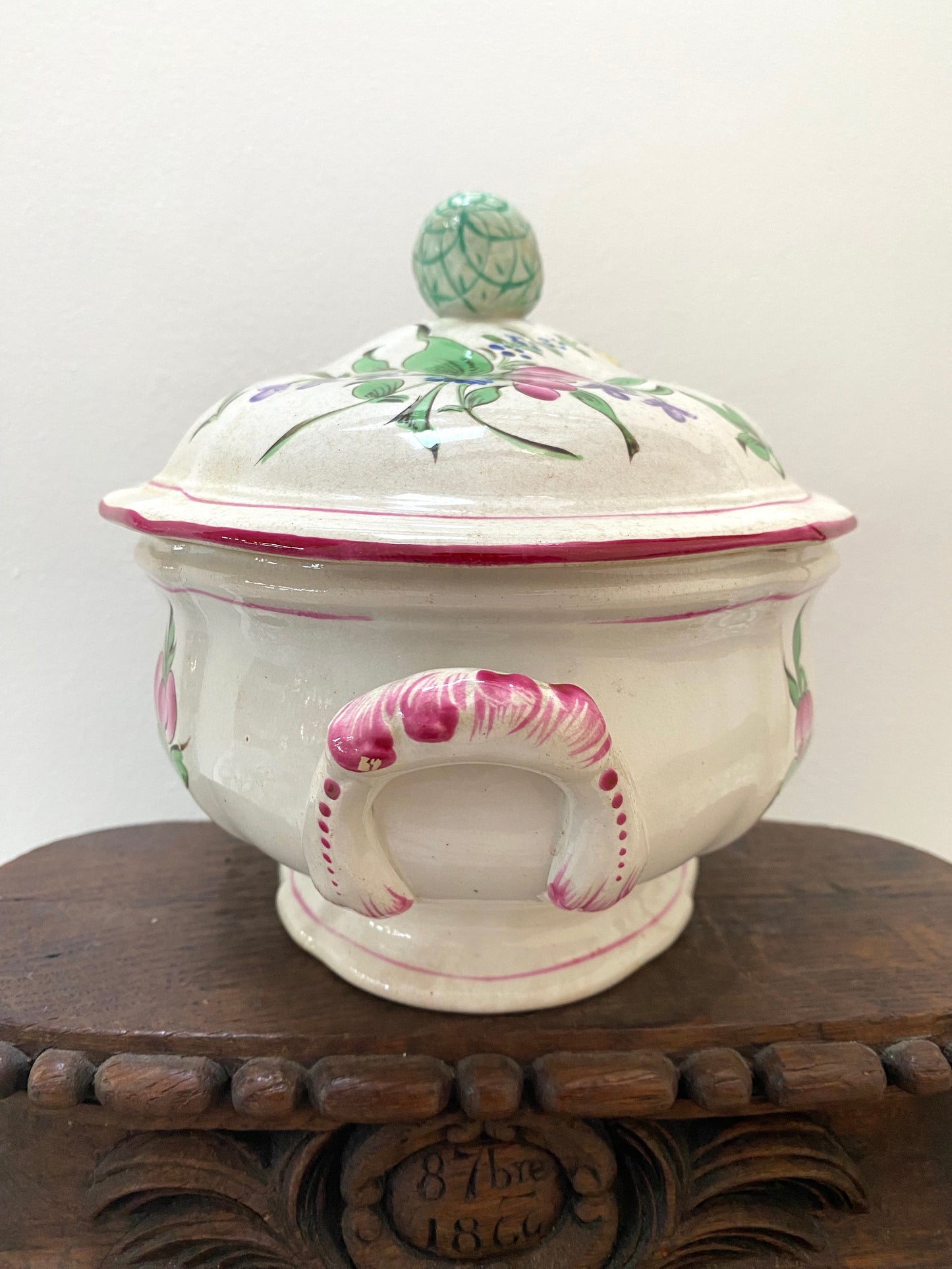 Antique French Majolica Hand Painted Floral Tureen