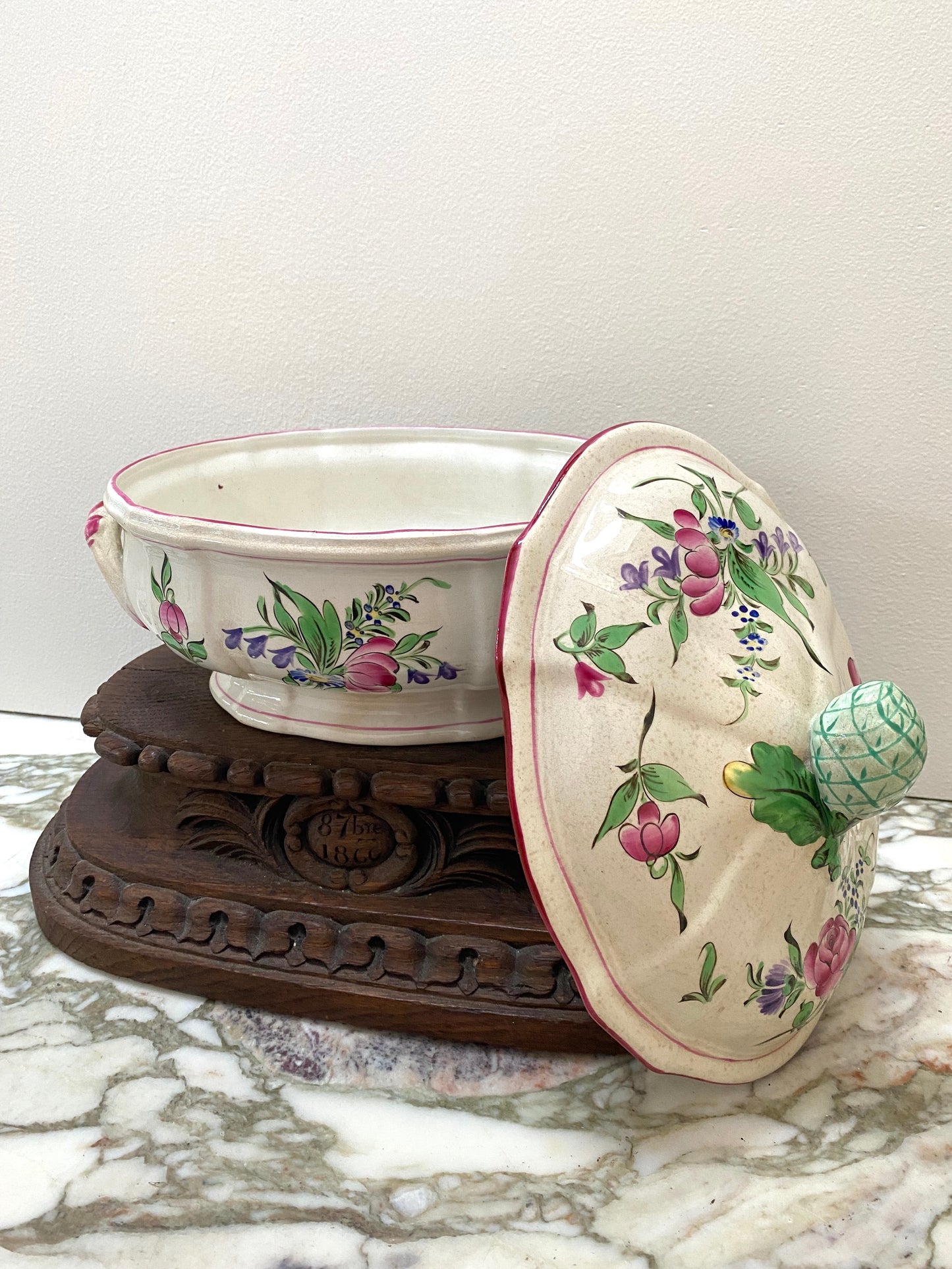 Antique French Majolica Hand Painted Floral Tureen