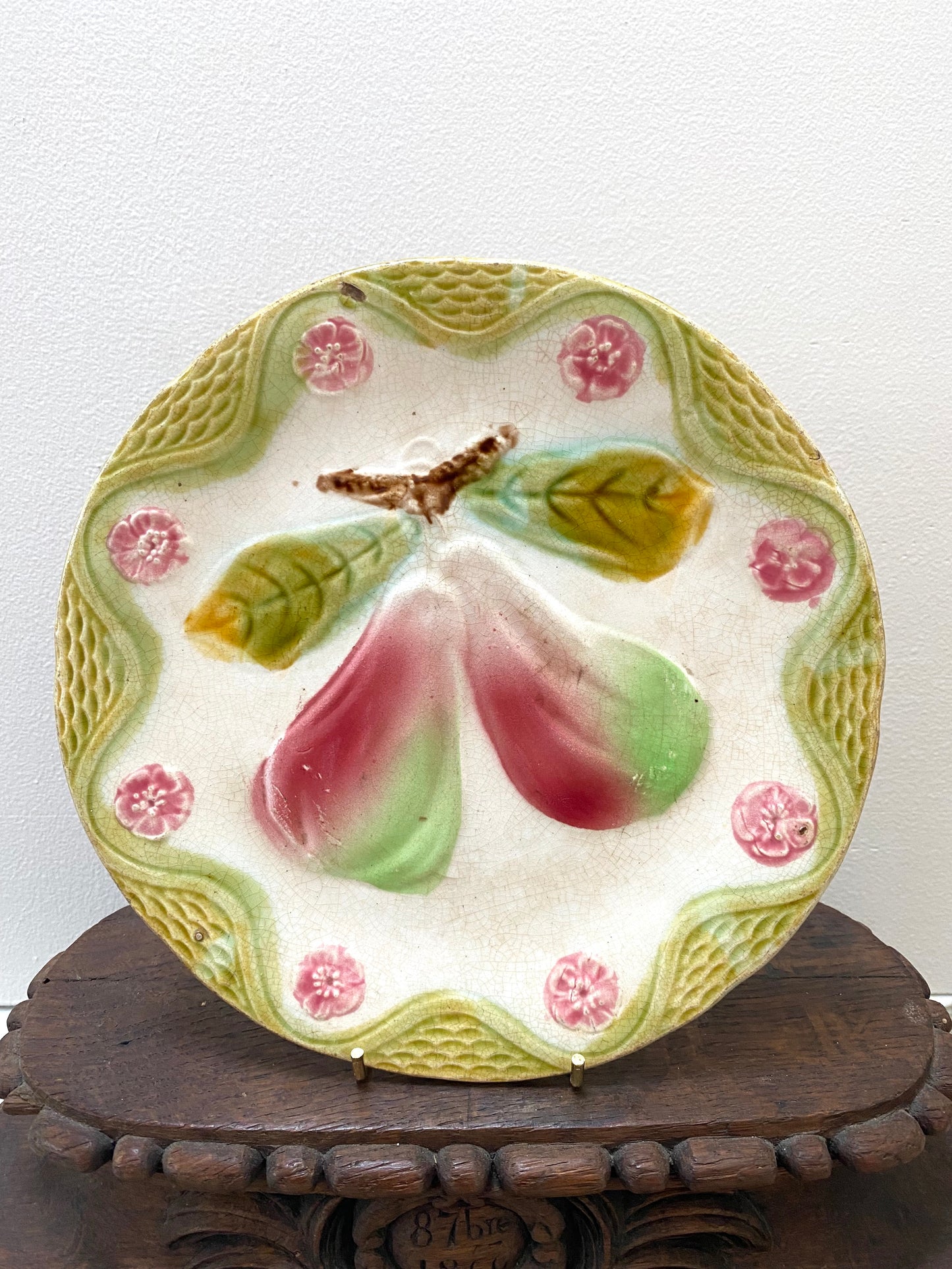 Antique French Majolica Round Pear & Blossom Plate