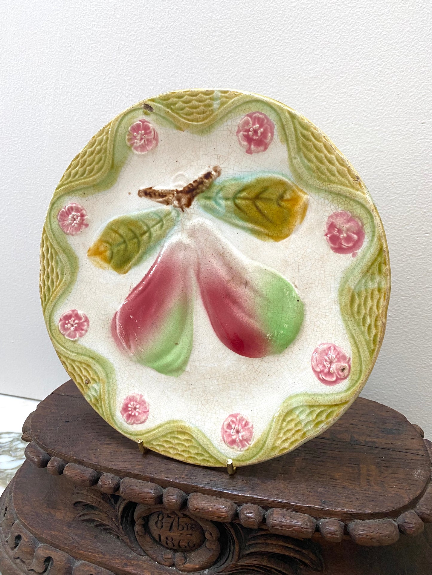 Antique French Majolica Round Pear & Blossom Plate