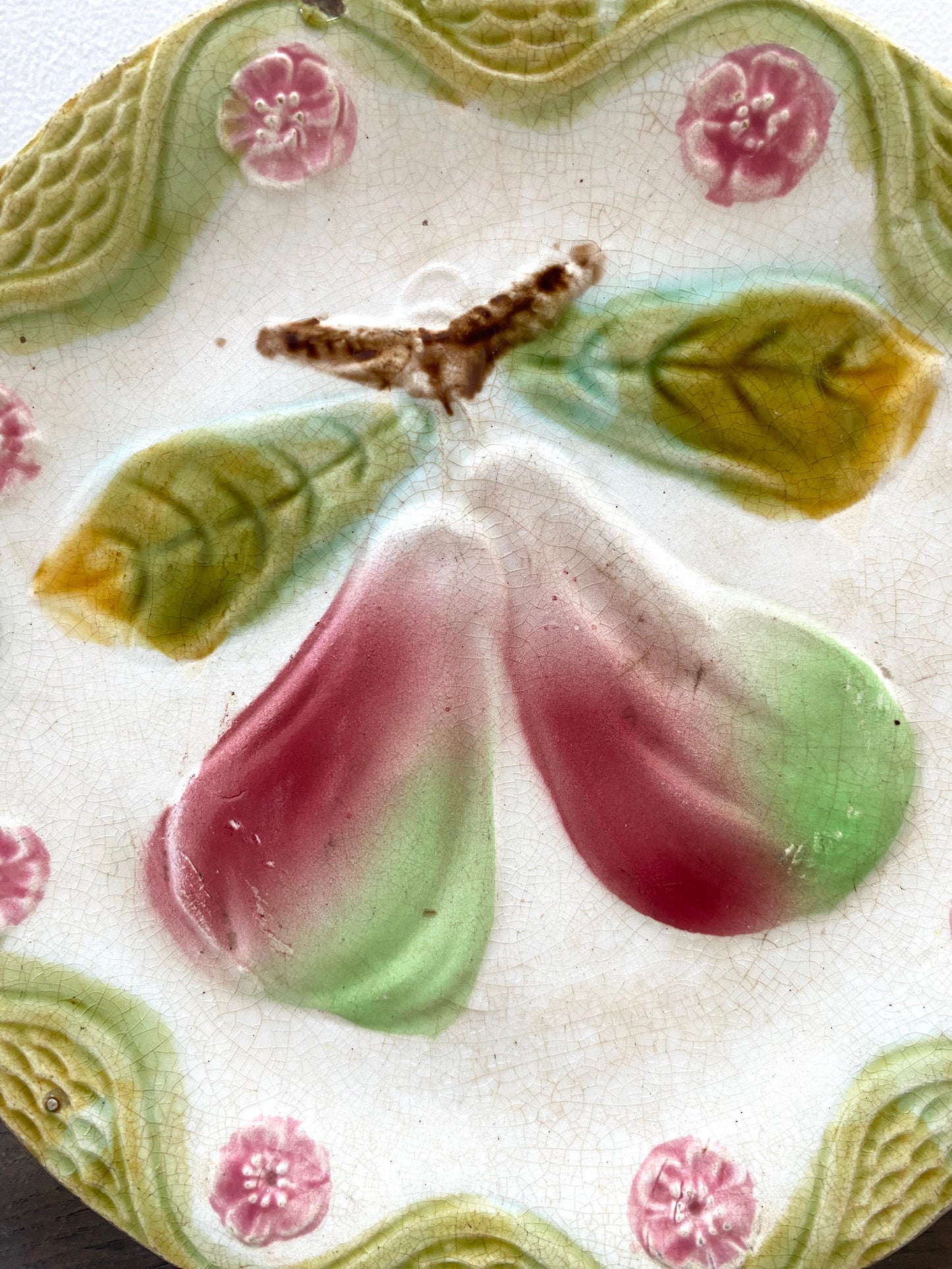 Antique French Majolica Round Pear & Blossom Plate