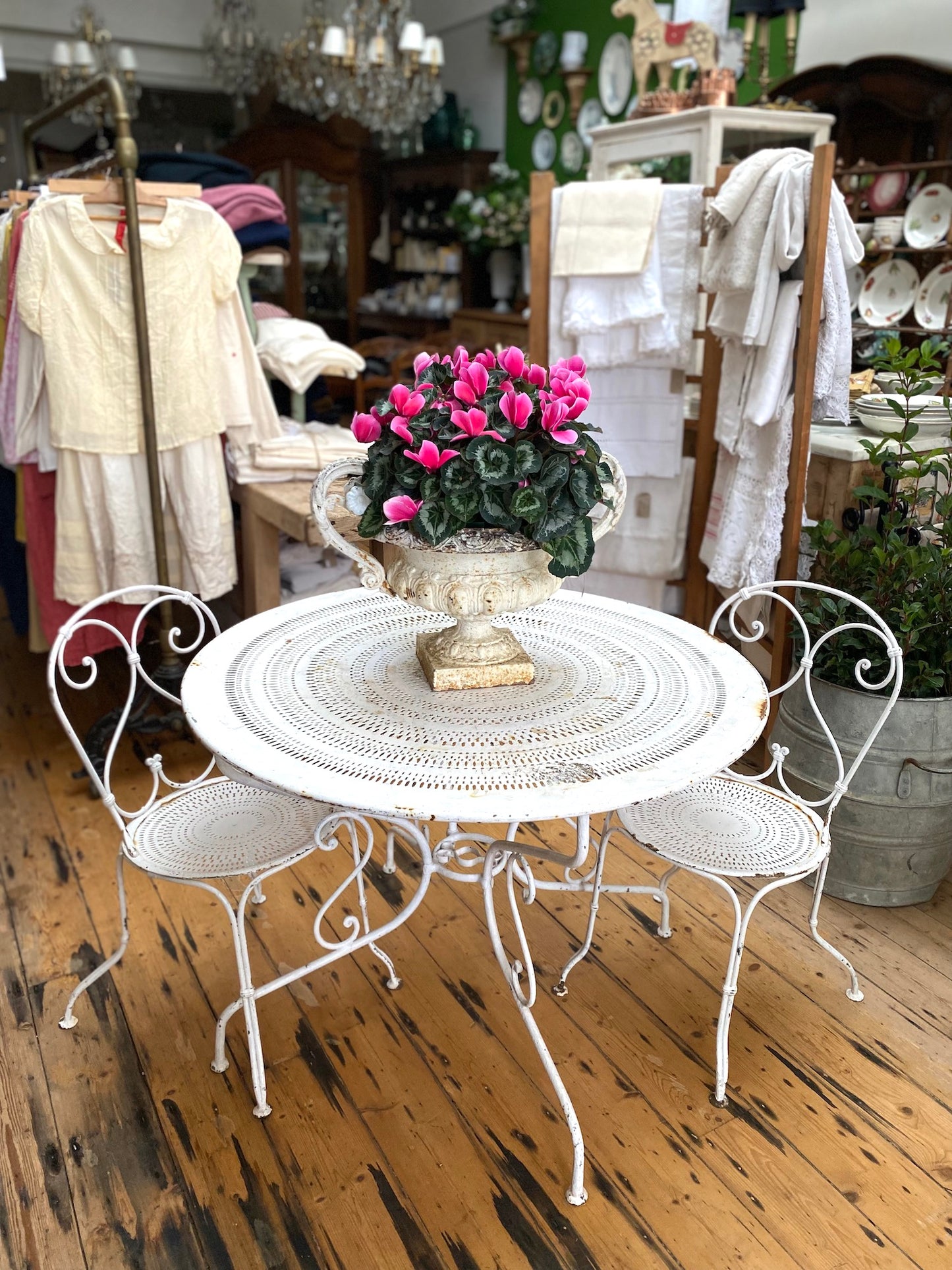 Antique French White Round Metal Outdoor Table & 2 Chairs