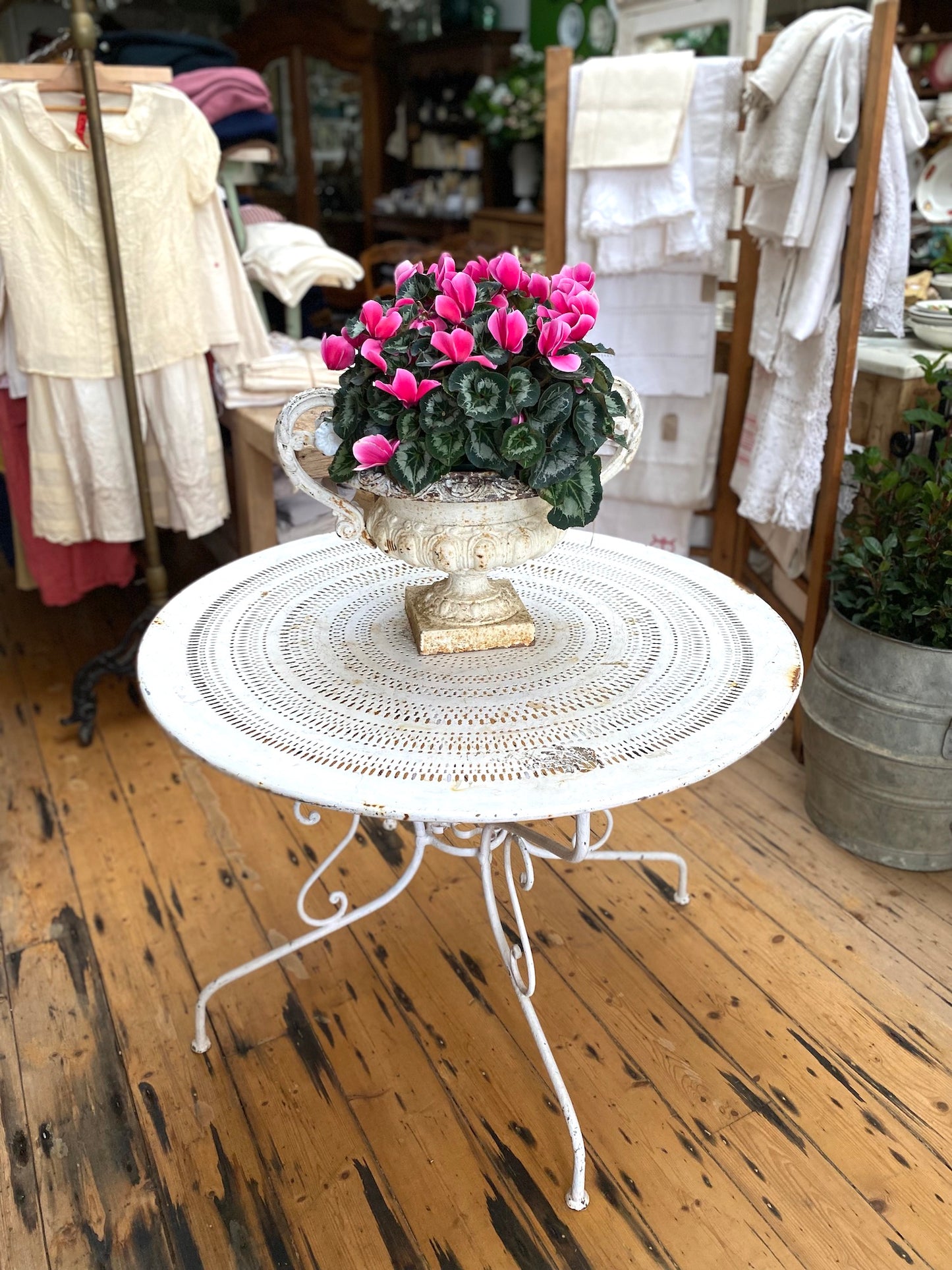 Antique French White Round Metal Outdoor Table & 2 Chairs