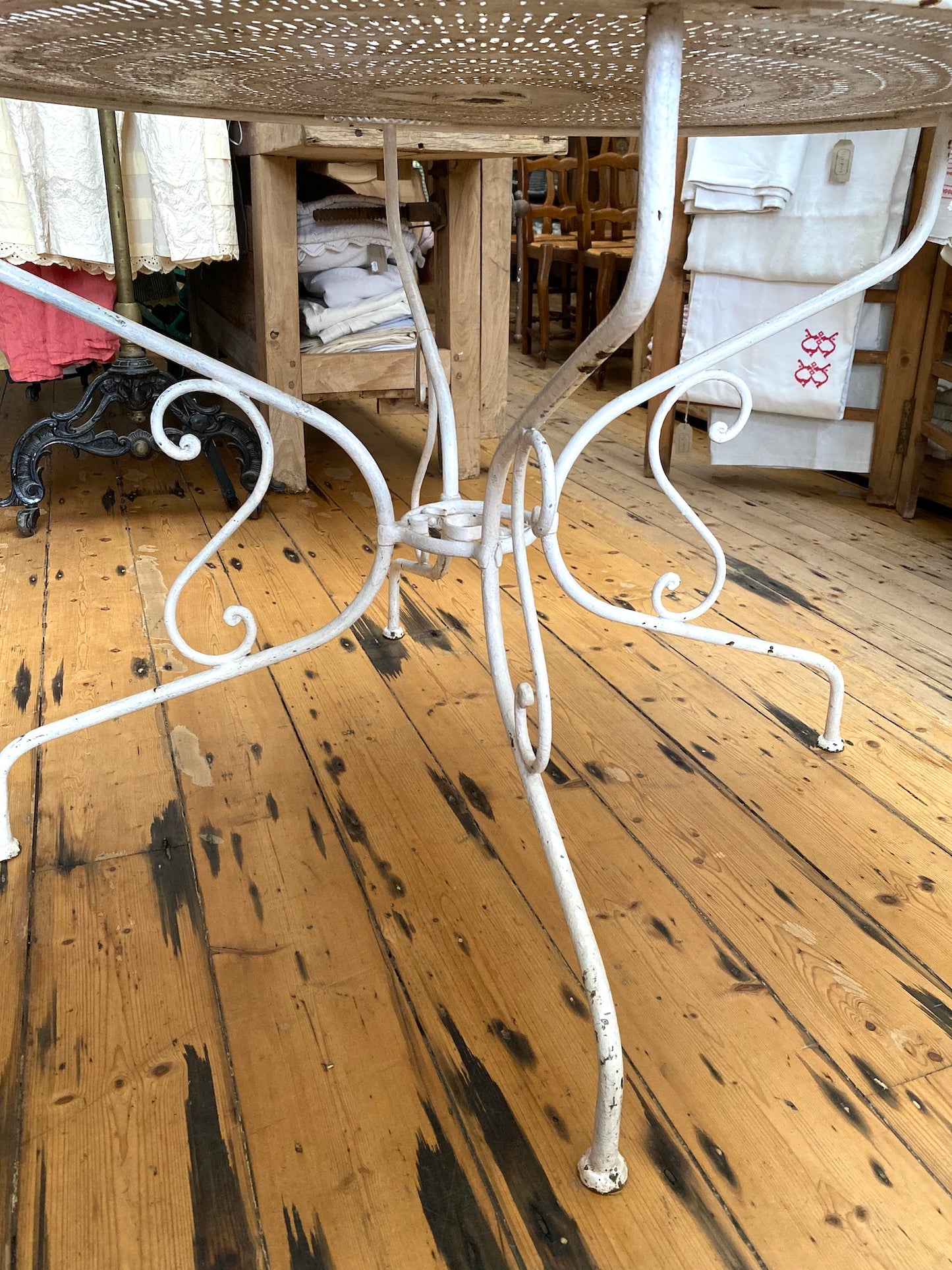 Antique French White Round Metal Outdoor Table & 2 Chairs