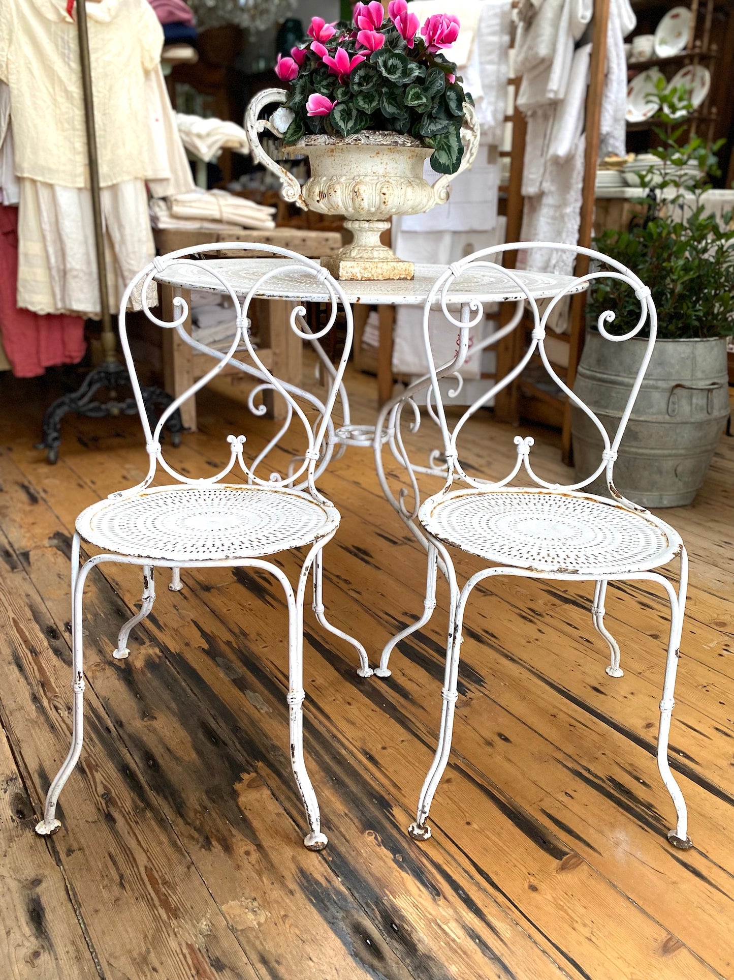 Antique French White Round Metal Outdoor Table & 2 Chairs